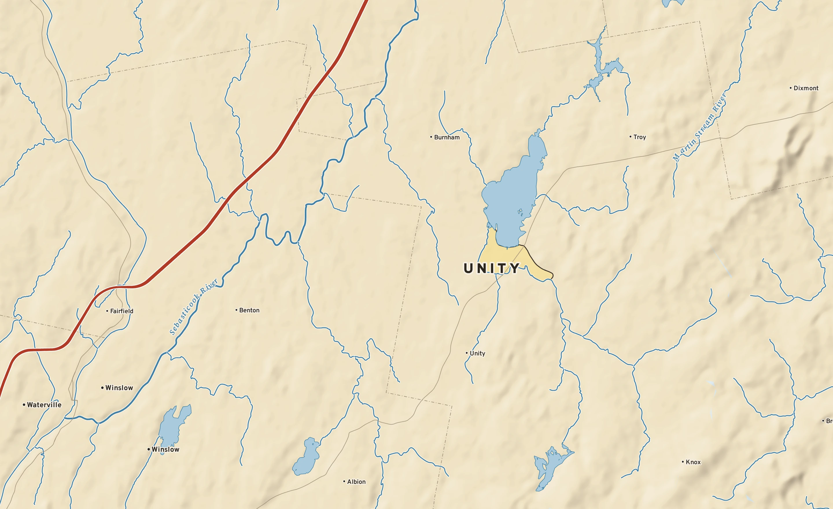 Shaded-relief atlas plate of Unity, Maine: rivers, roads, the city limits and where the water drains.