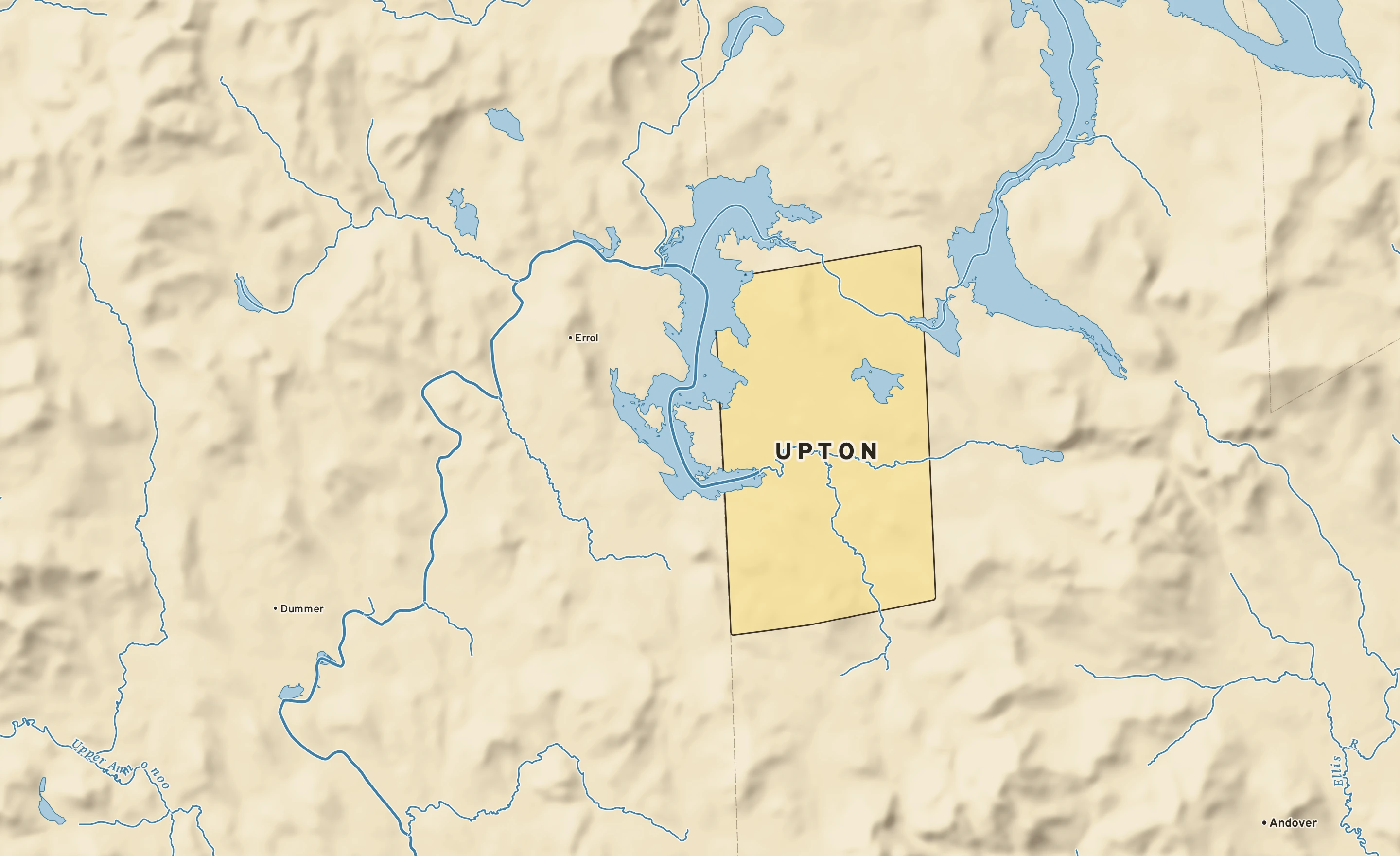 Shaded-relief atlas plate of Upton, Maine: rivers, roads, the city limits and where the water drains.
