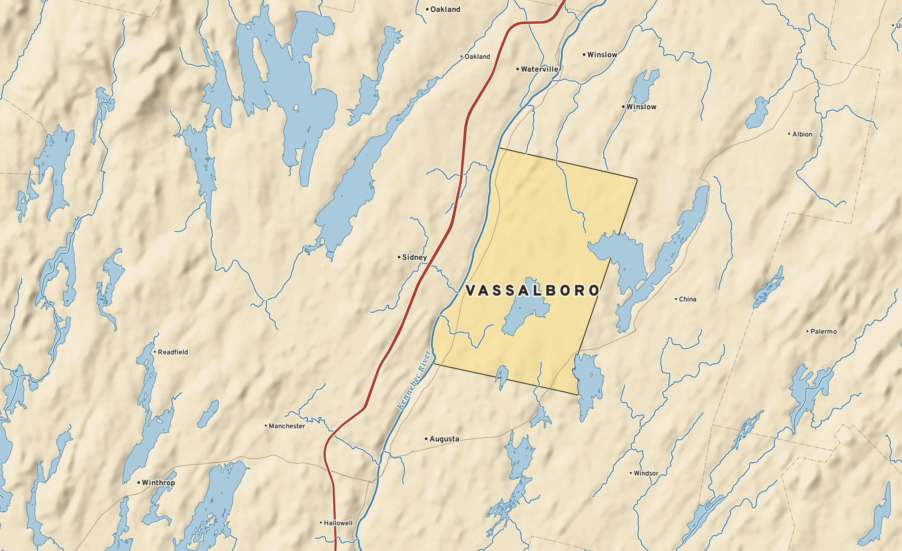 Shaded-relief atlas plate of Vassalboro, Maine: rivers, roads, the city limits and where the water drains.