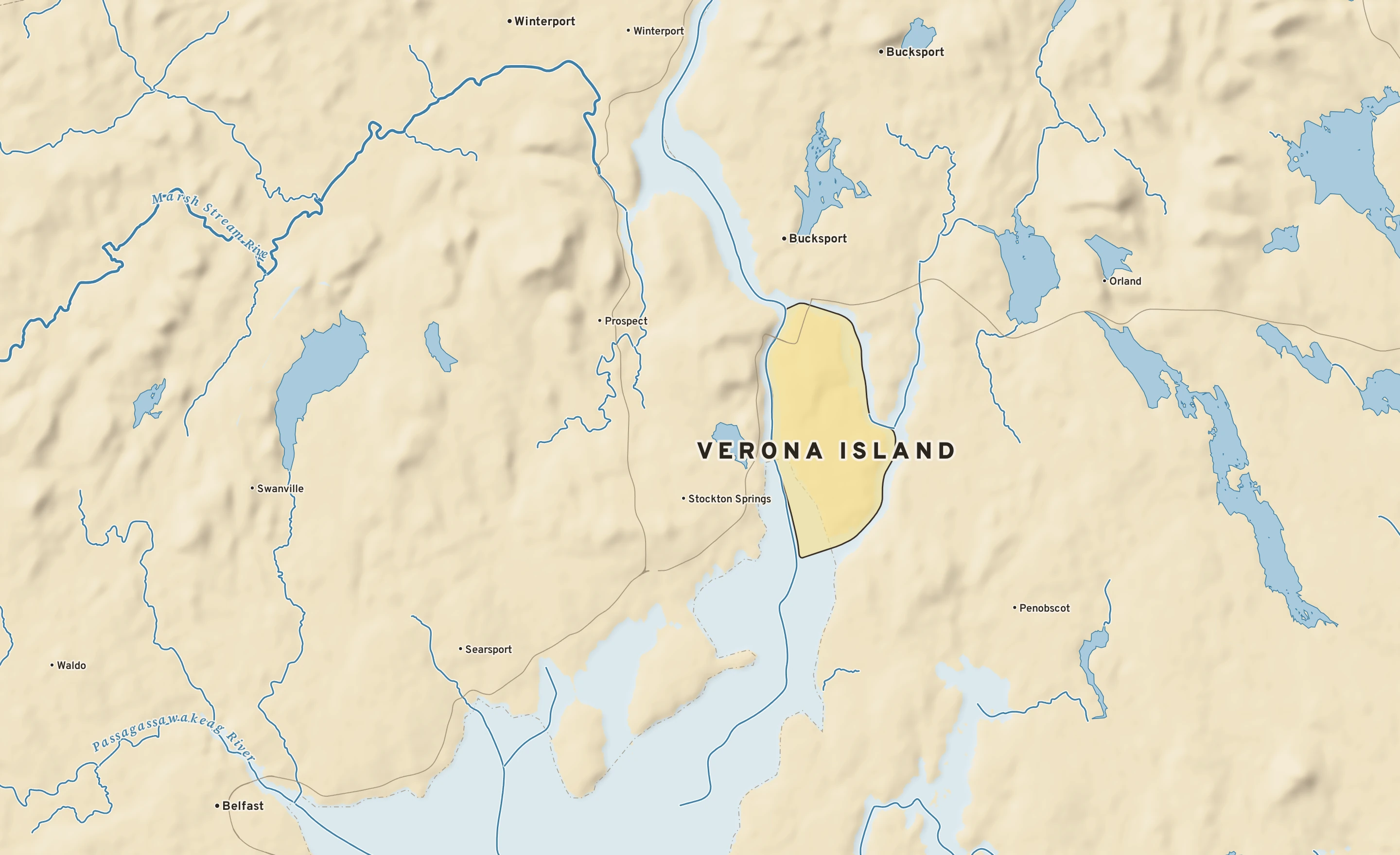 Shaded-relief atlas plate of Verona Island, Maine: rivers, roads, the city limits and where the water drains.