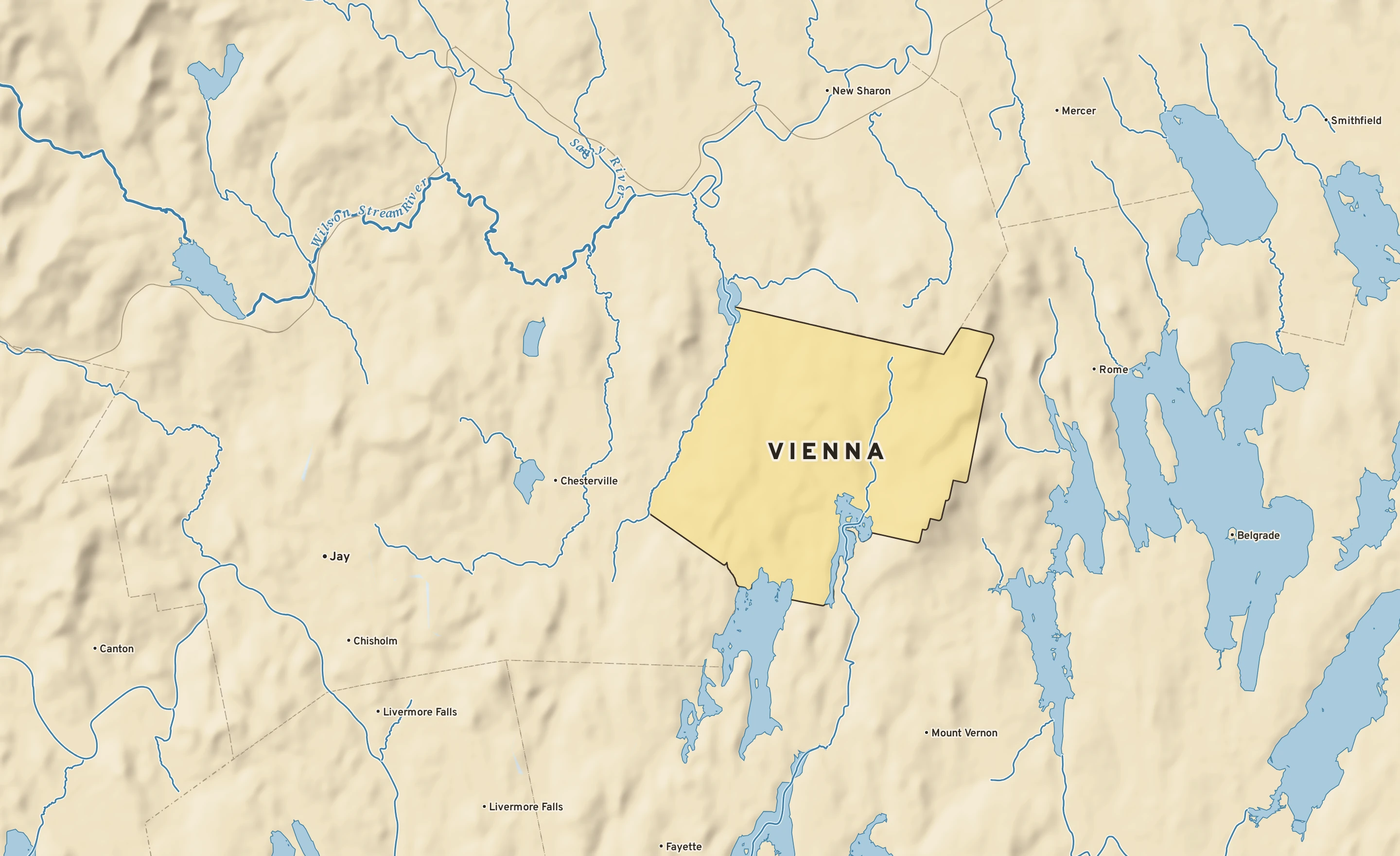 Shaded-relief atlas plate of Vienna, Maine: rivers, roads, the city limits and where the water drains.