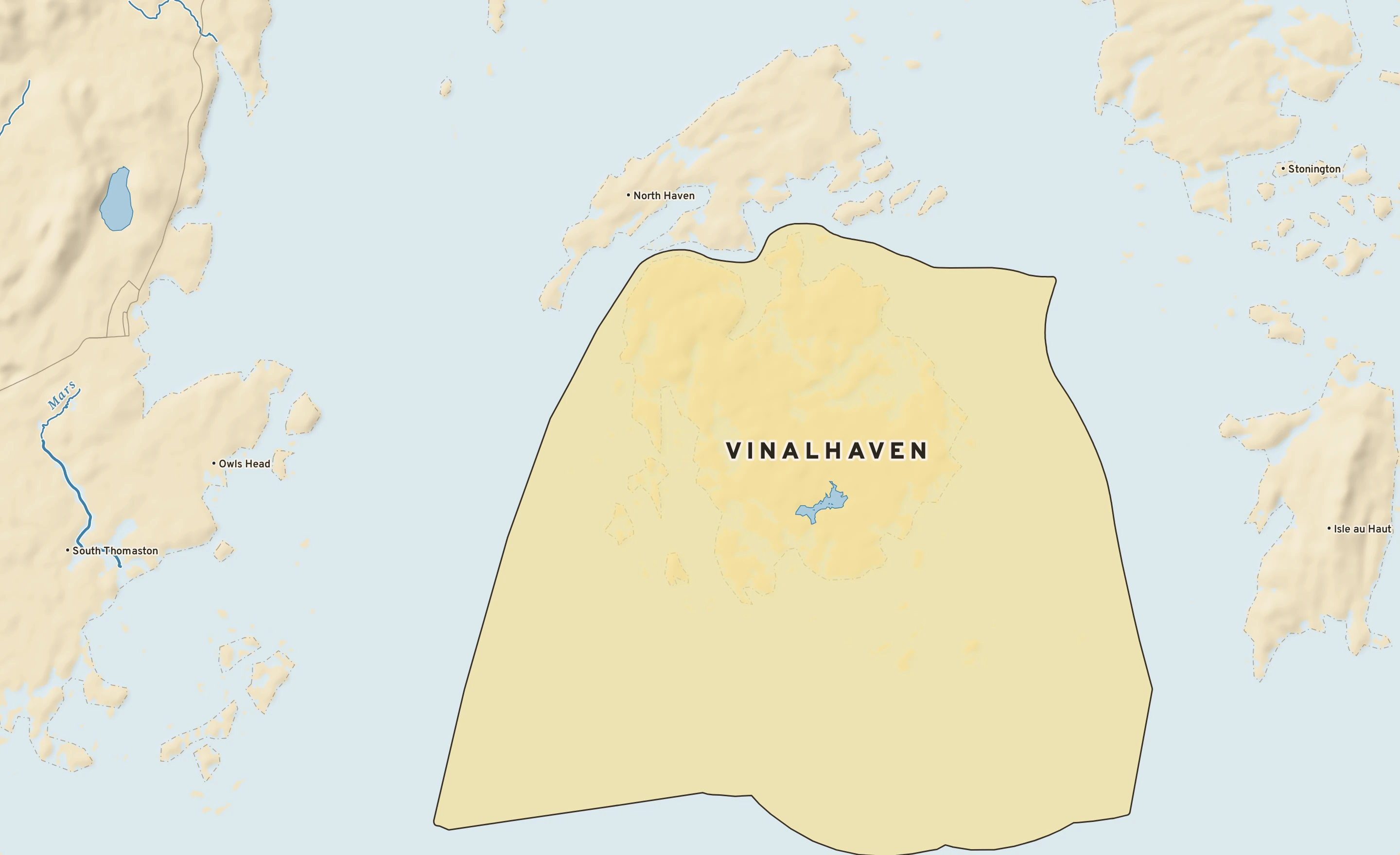 Shaded-relief atlas plate of Vinalhaven, Maine: rivers, roads, the city limits and where the water drains.