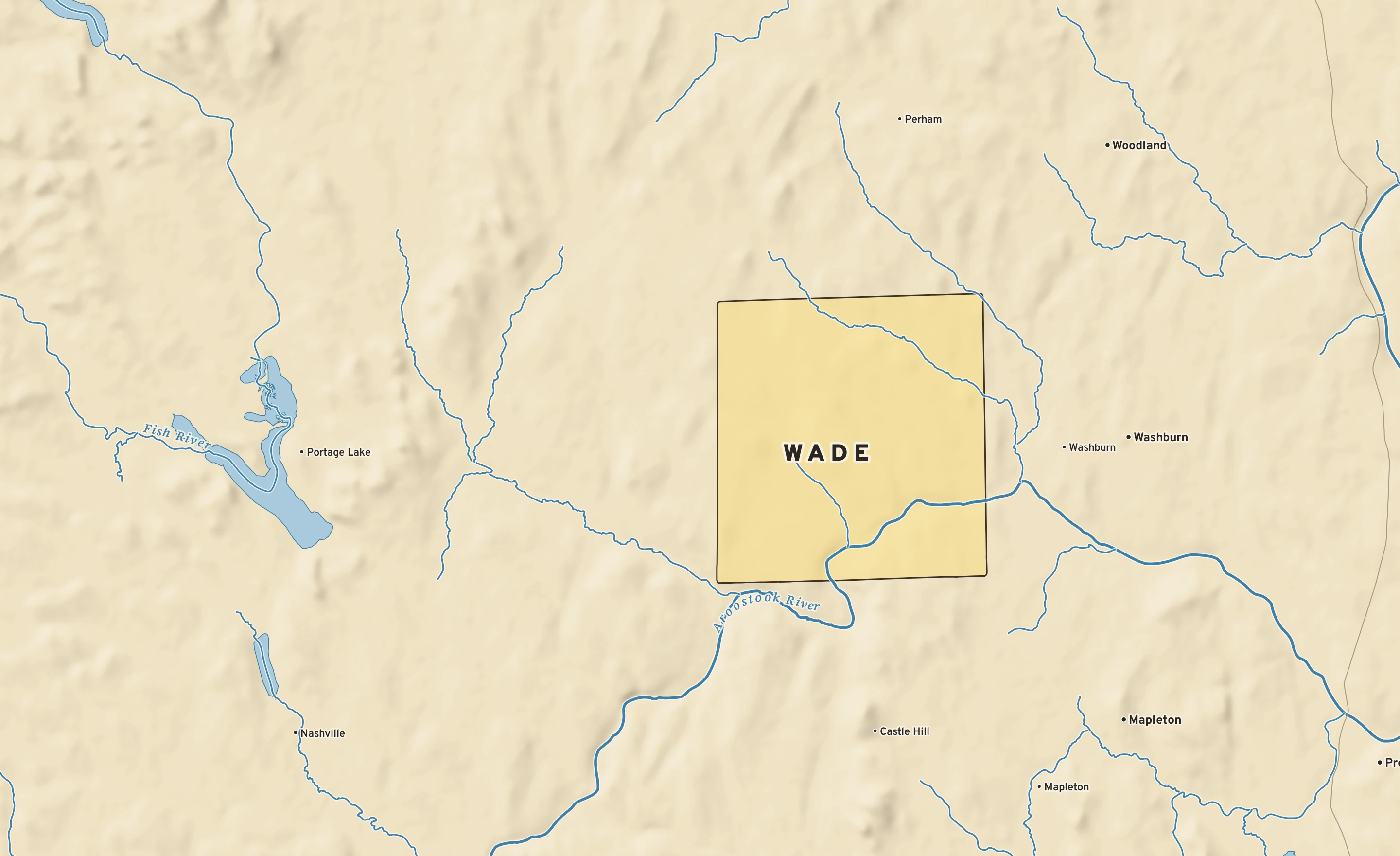 Shaded-relief atlas plate of Wade, Maine: rivers, roads, the city limits and where the water drains.