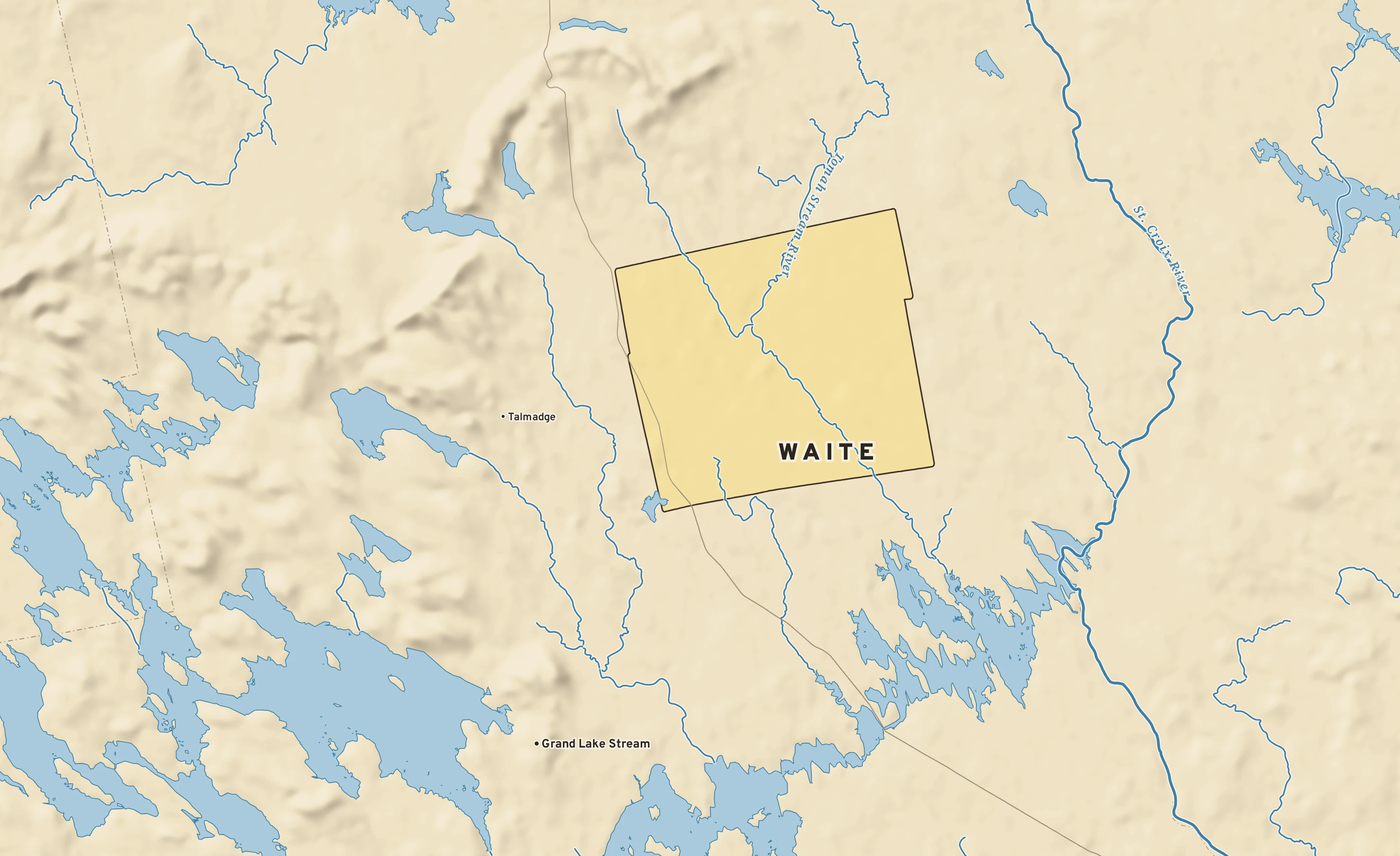 Shaded-relief atlas plate of Waite, Maine: rivers, roads, the city limits and where the water drains.