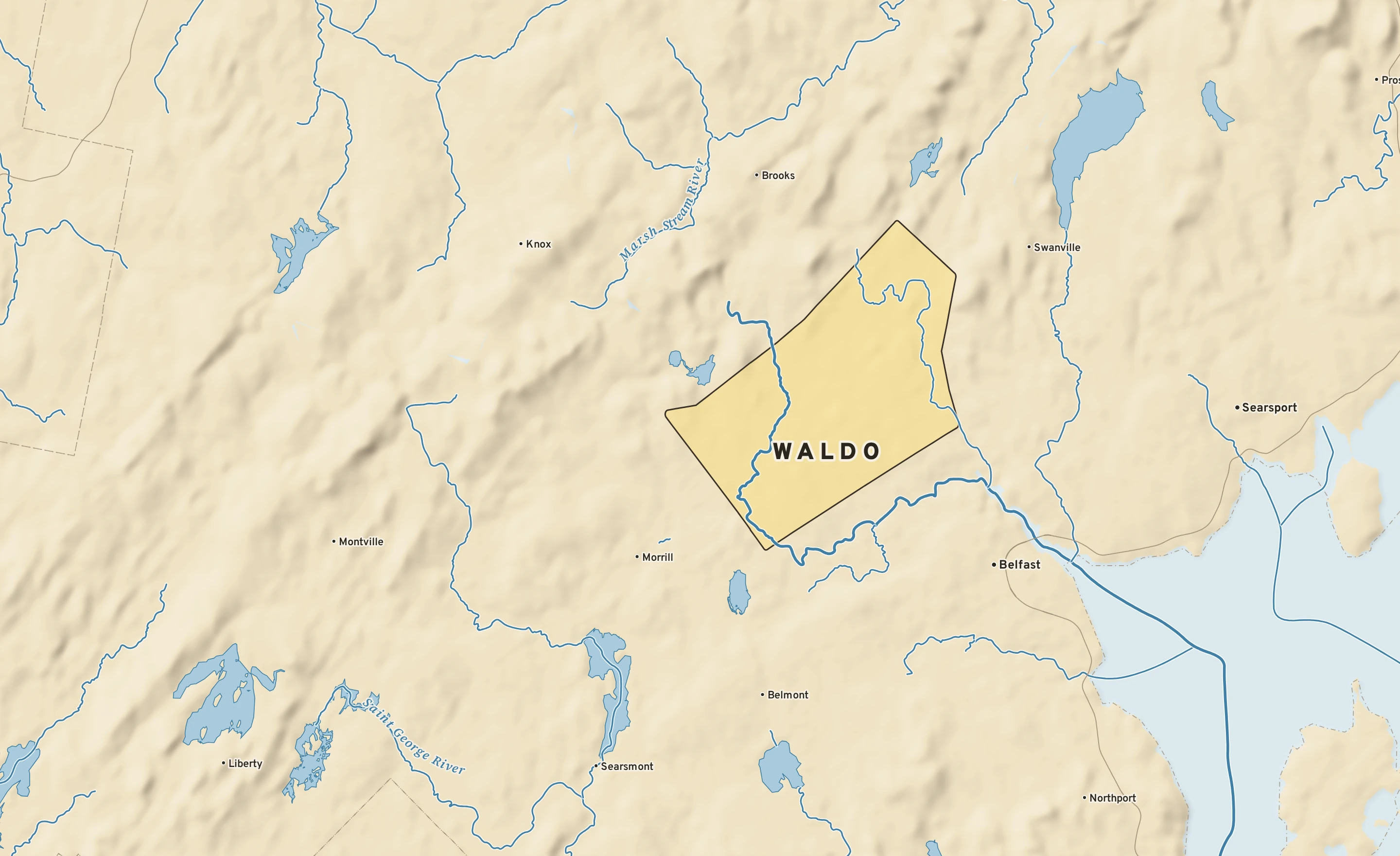 Shaded-relief atlas plate of Waldo, Maine: rivers, roads, the city limits and where the water drains.