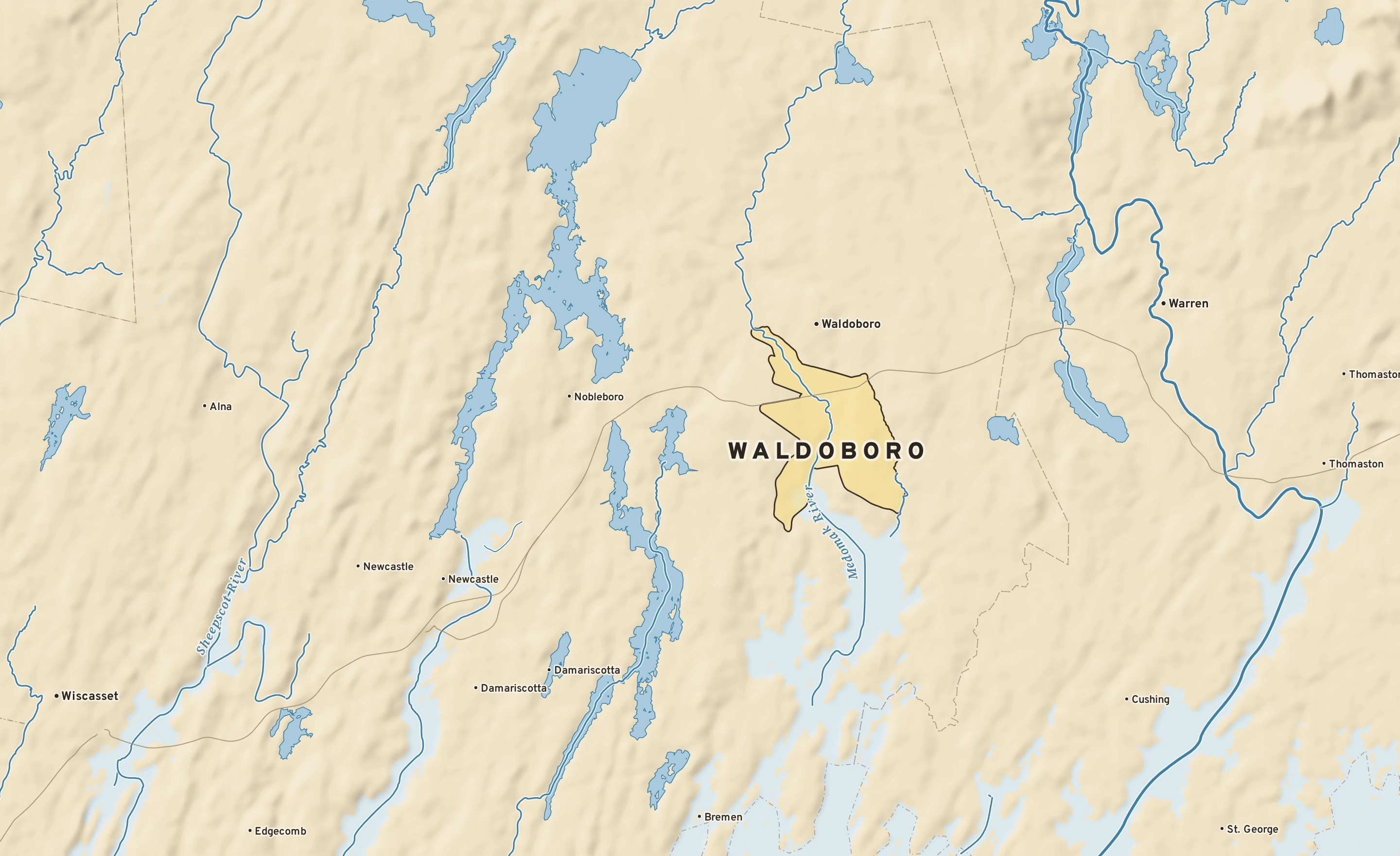Shaded-relief atlas plate of Waldoboro, Maine: rivers, roads, the city limits and where the water drains.
