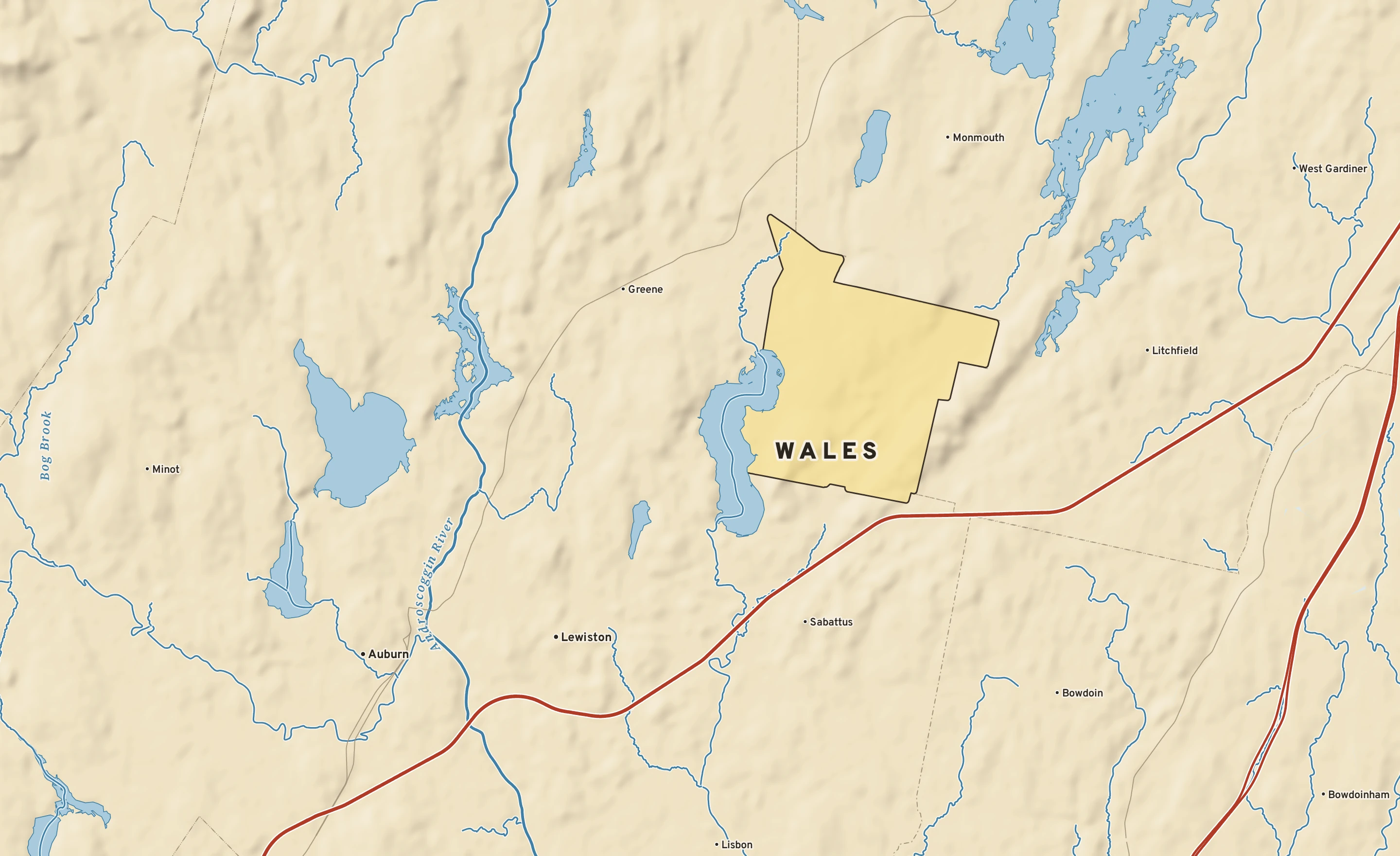 Shaded-relief atlas plate of Wales, Maine: rivers, roads, the city limits and where the water drains.