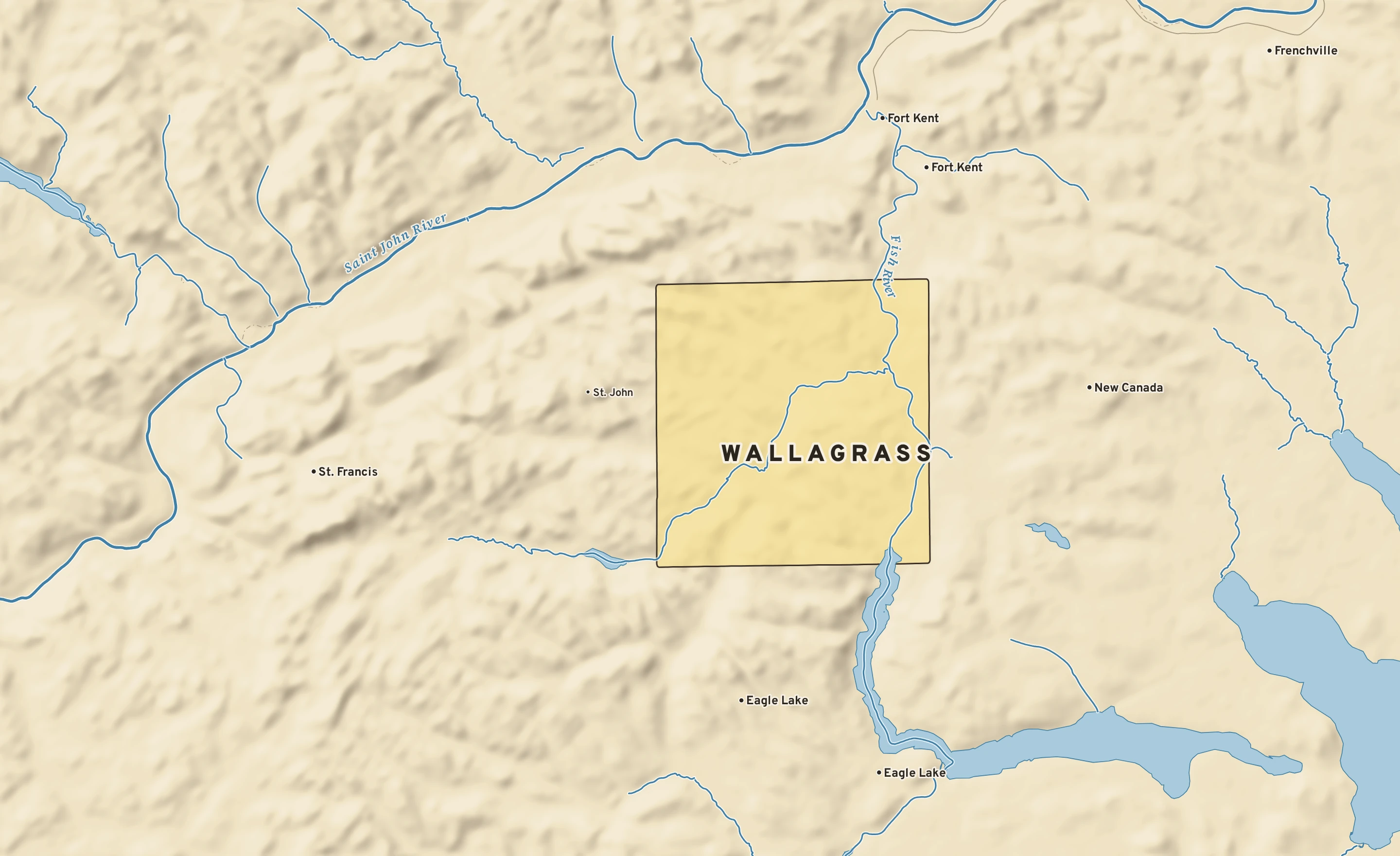 Shaded-relief atlas plate of Wallagrass, Maine: rivers, roads, the city limits and where the water drains.