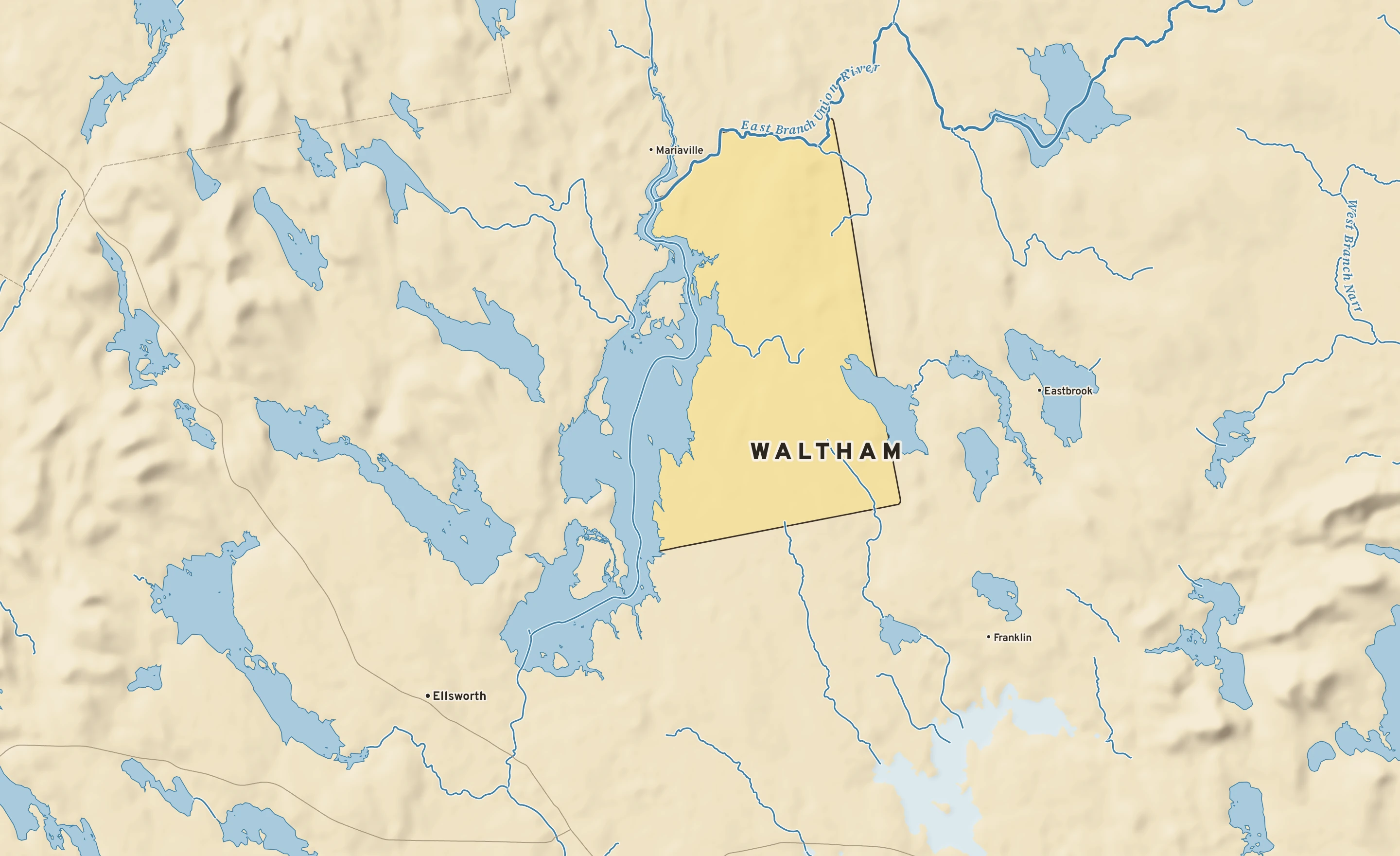 Shaded-relief atlas plate of Waltham, Maine: rivers, roads, the city limits and where the water drains.