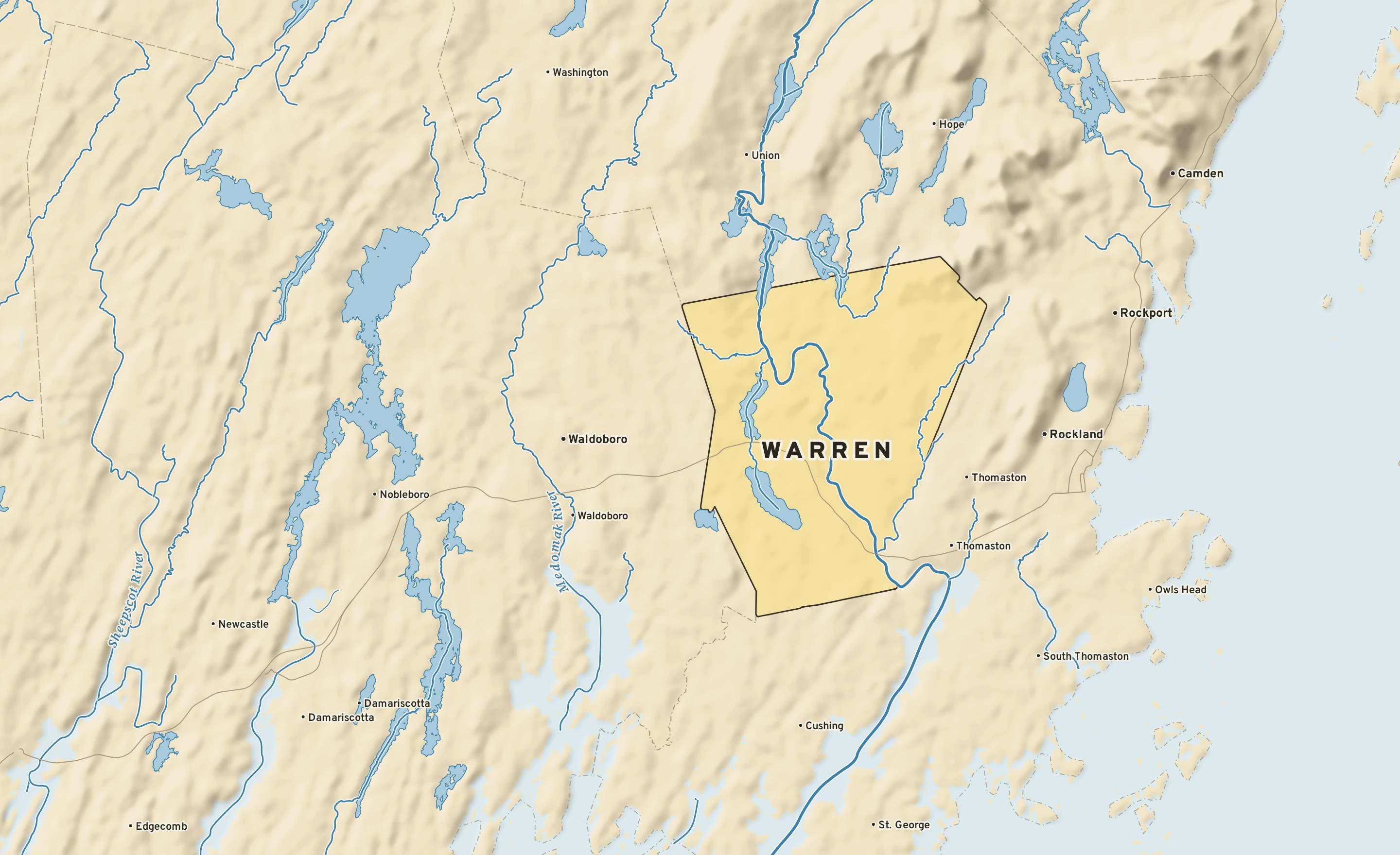 Shaded-relief atlas plate of Warren, Maine: rivers, roads, the city limits and where the water drains.