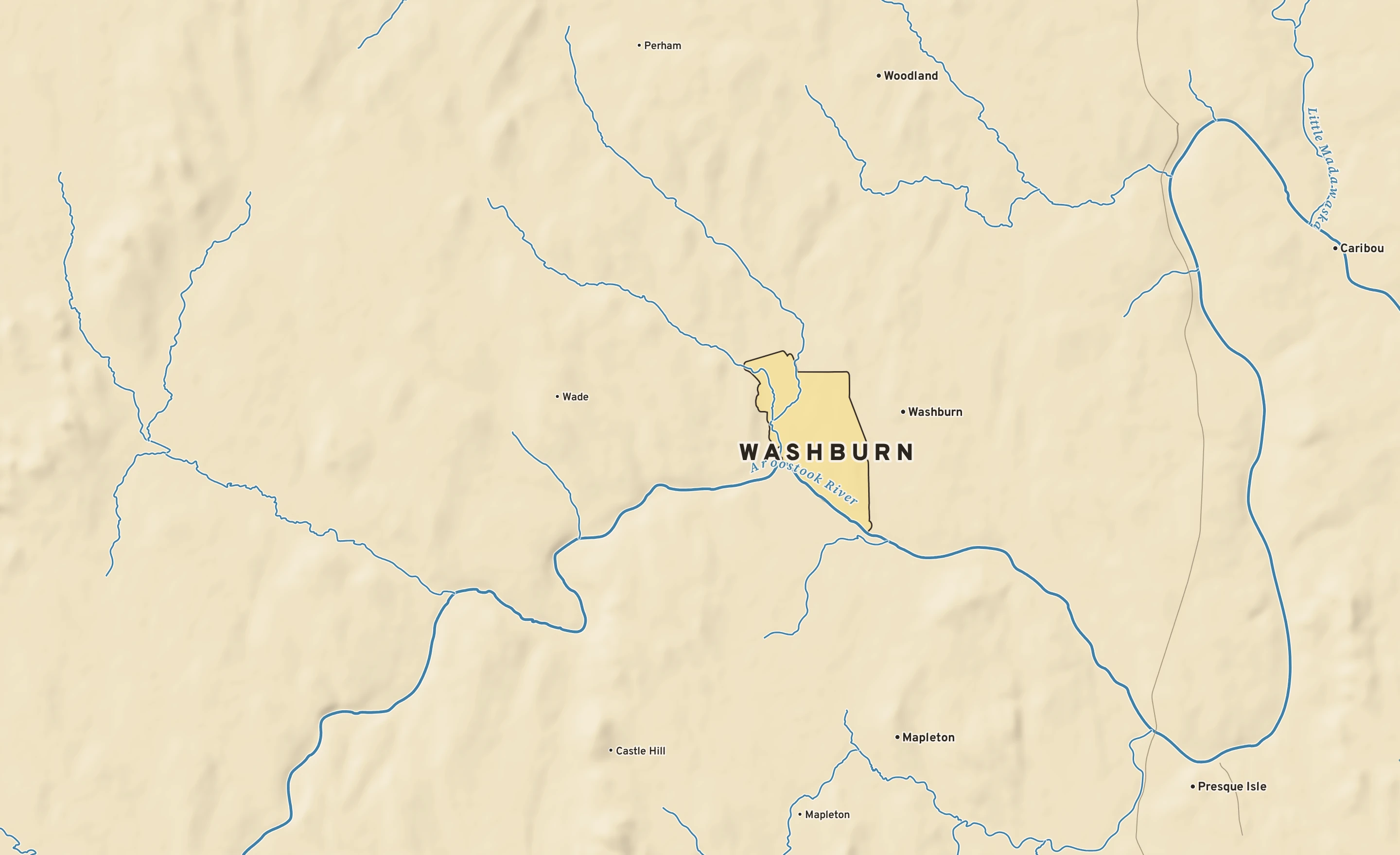 Shaded-relief atlas plate of Washburn, Maine: rivers, roads, the city limits and where the water drains.