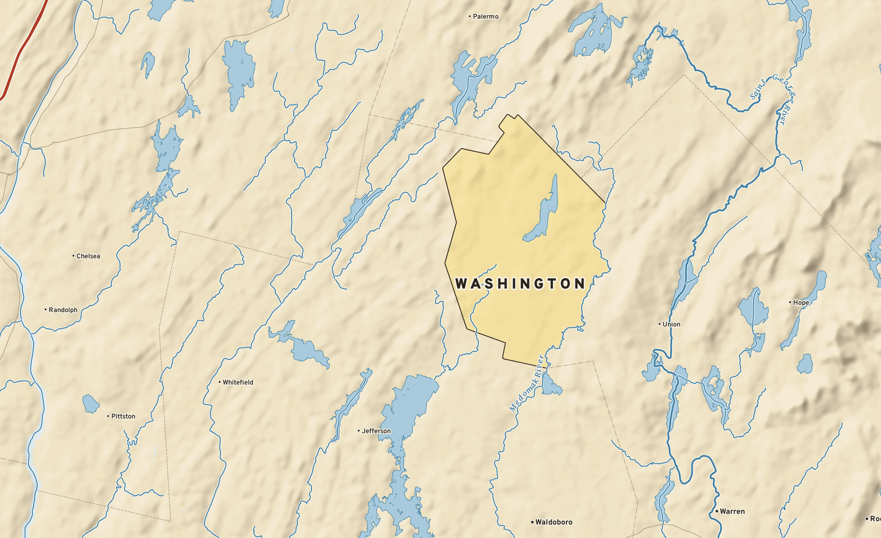Shaded-relief atlas plate of Washington, Maine: rivers, roads, the city limits and where the water drains.