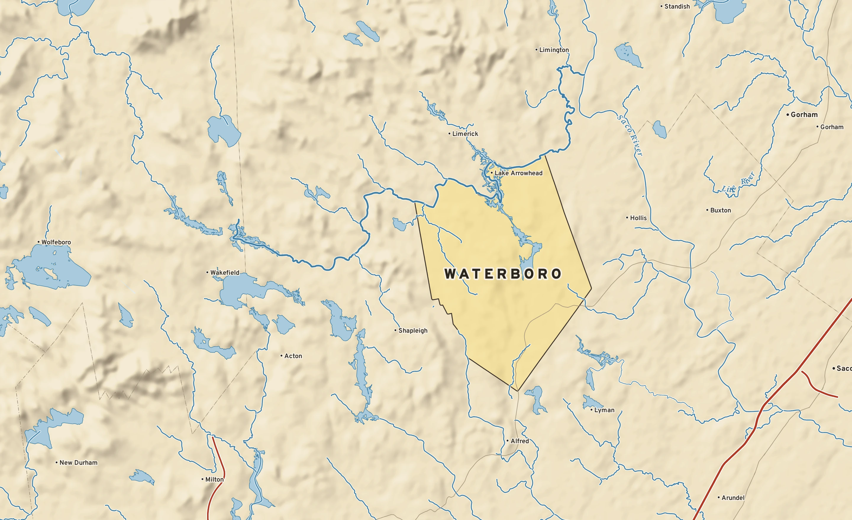Shaded-relief atlas plate of Waterboro, Maine: rivers, roads, the city limits and where the water drains.