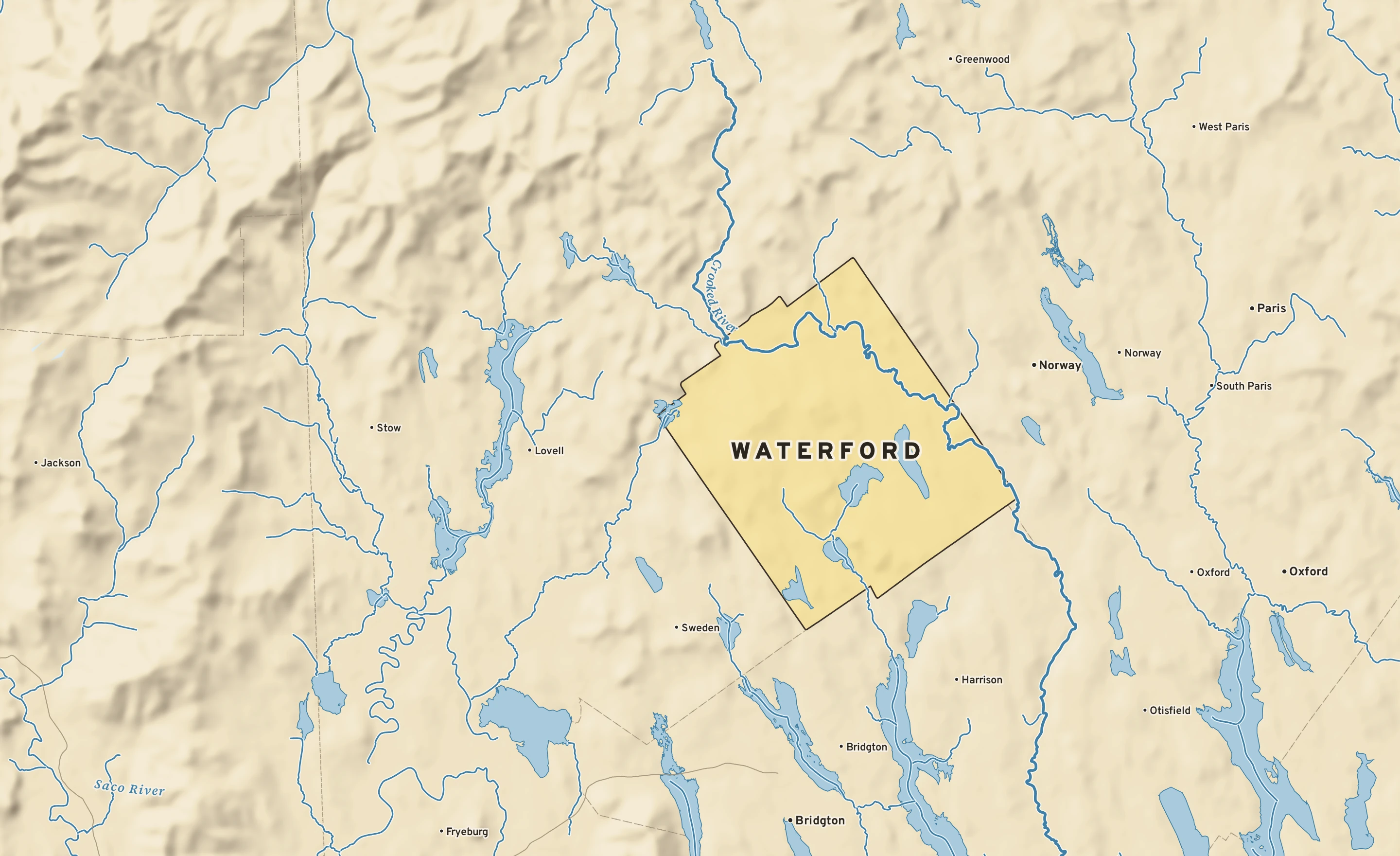 Shaded-relief atlas plate of Waterford, Maine: rivers, roads, the city limits and where the water drains.
