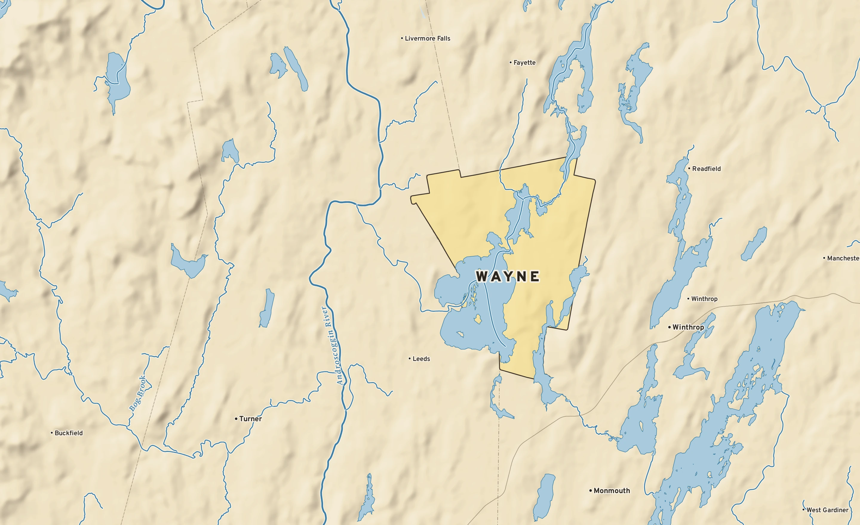 Shaded-relief atlas plate of Wayne, Maine: rivers, roads, the city limits and where the water drains.