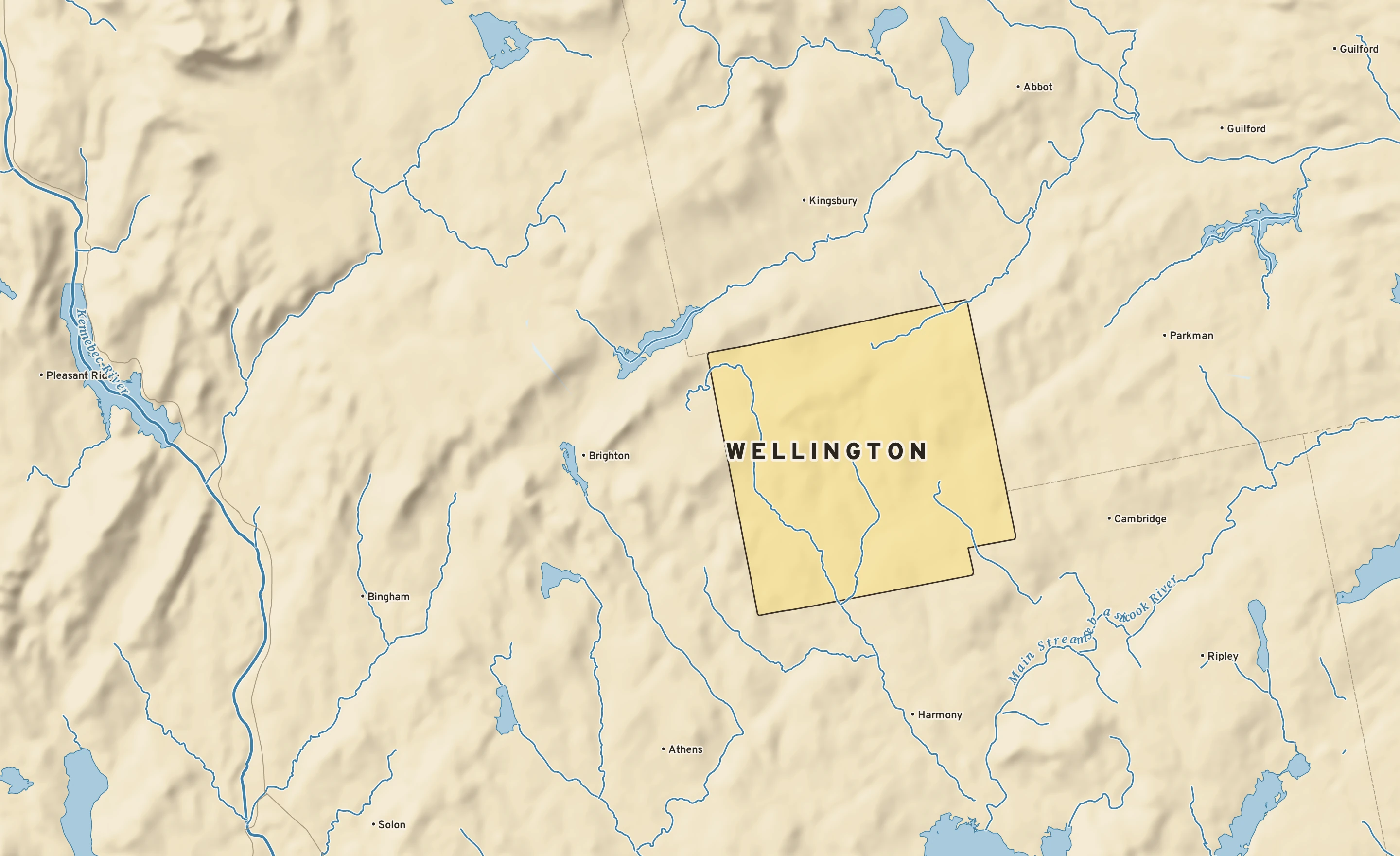 Shaded-relief atlas plate of Wellington, Maine: rivers, roads, the city limits and where the water drains.