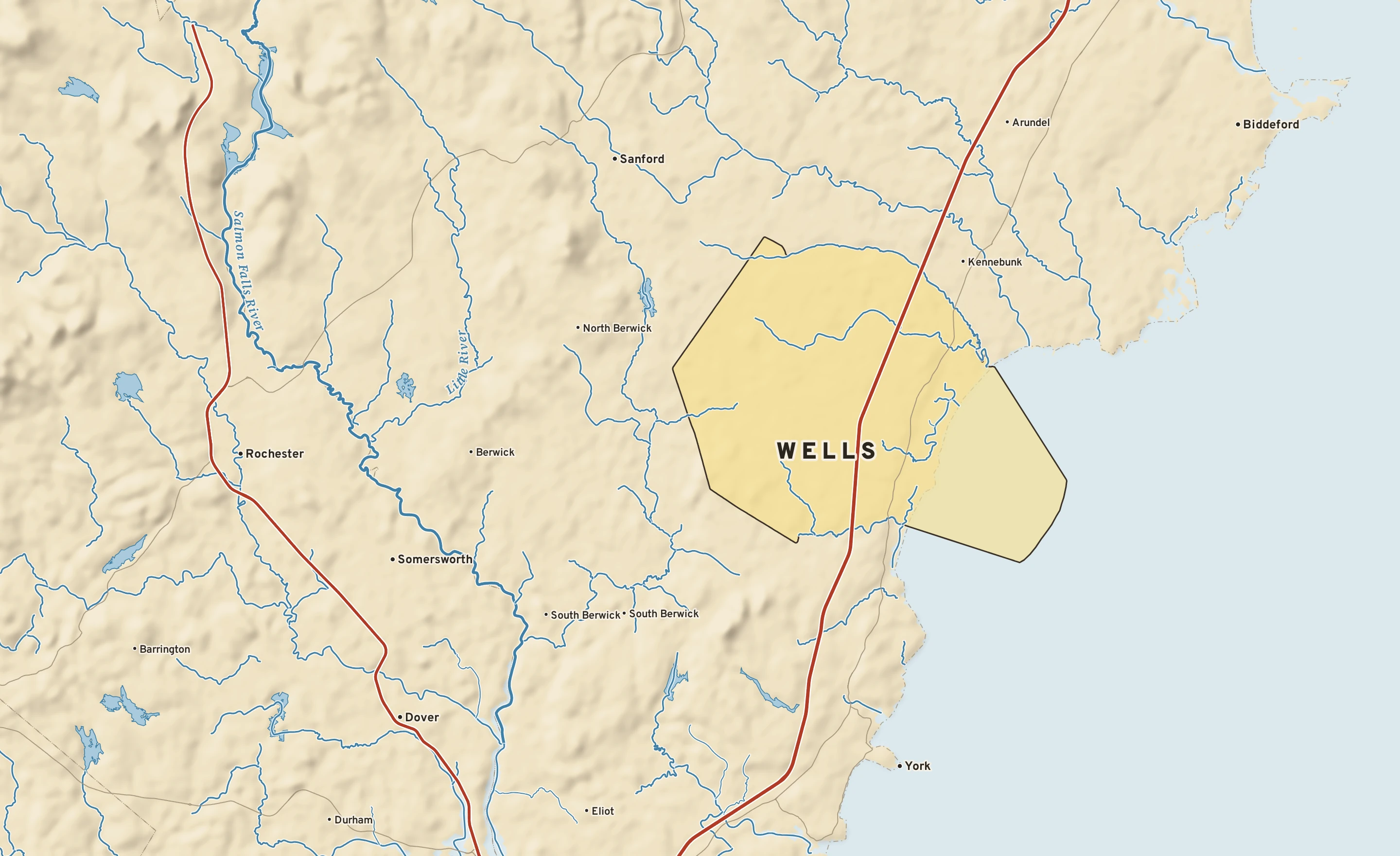 Shaded-relief atlas plate of Wells, Maine: rivers, roads, the city limits and where the water drains.