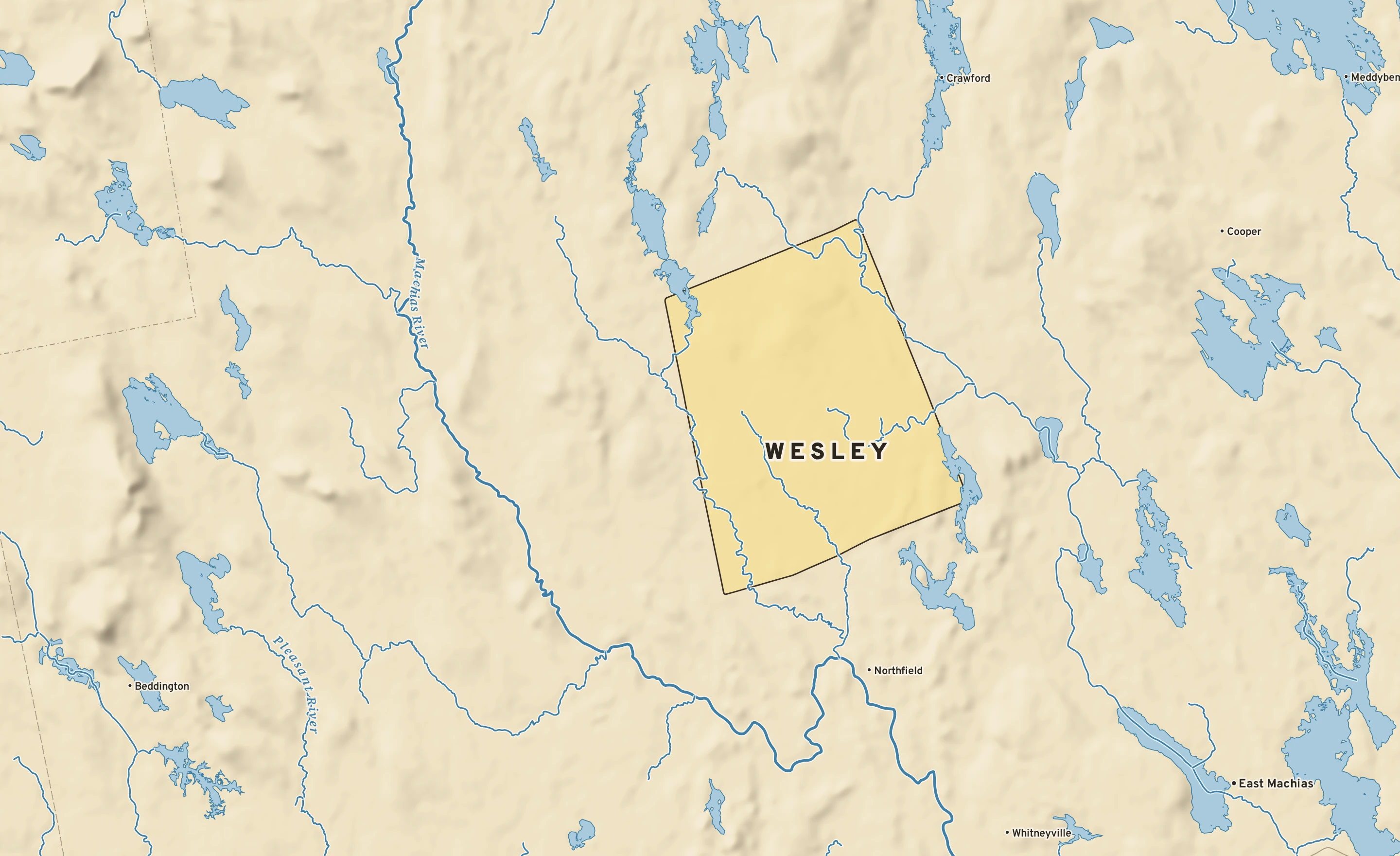Shaded-relief atlas plate of Wesley, Maine: rivers, roads, the city limits and where the water drains.