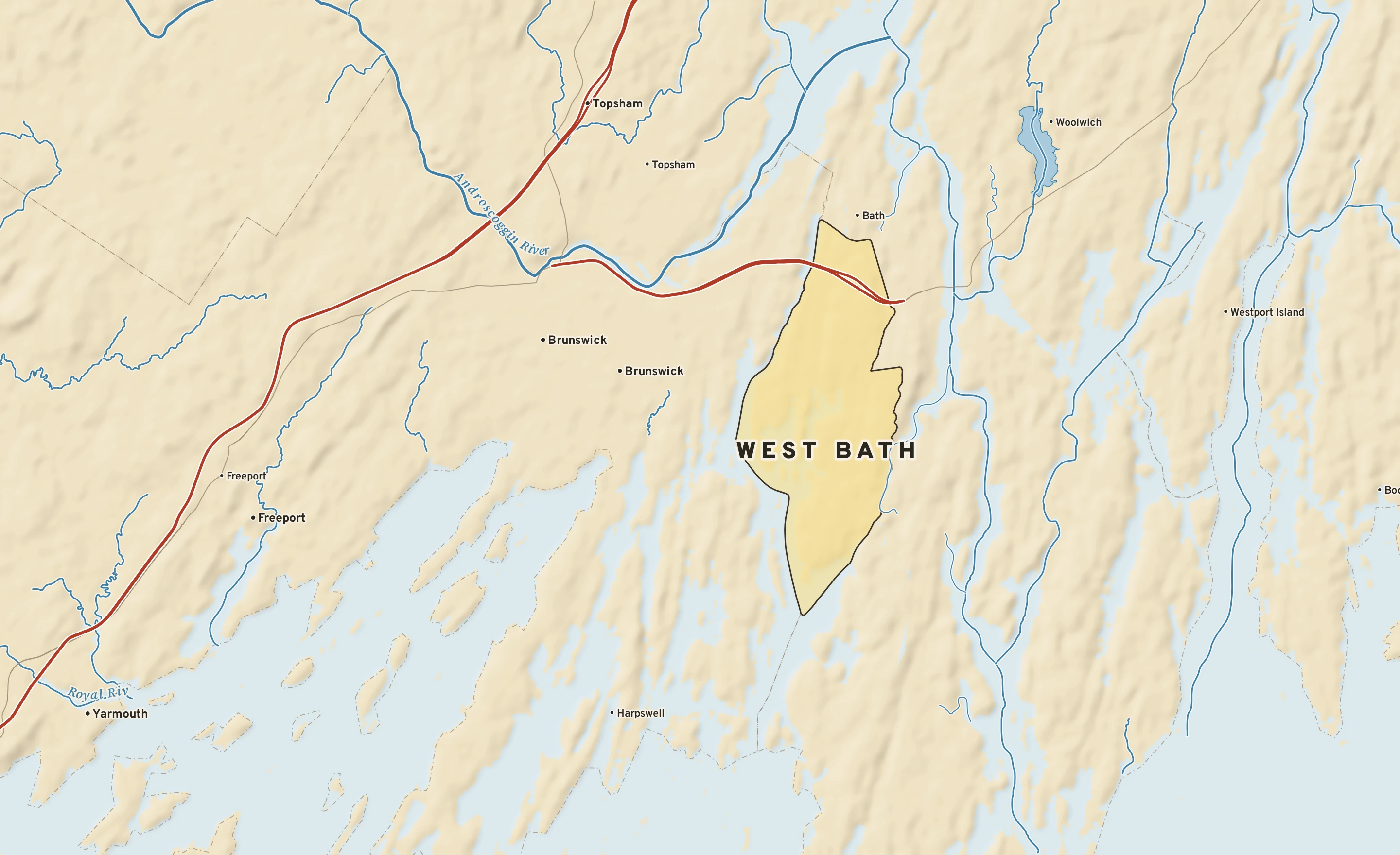Shaded-relief atlas plate of West Bath, Maine: rivers, roads, the city limits and where the water drains.