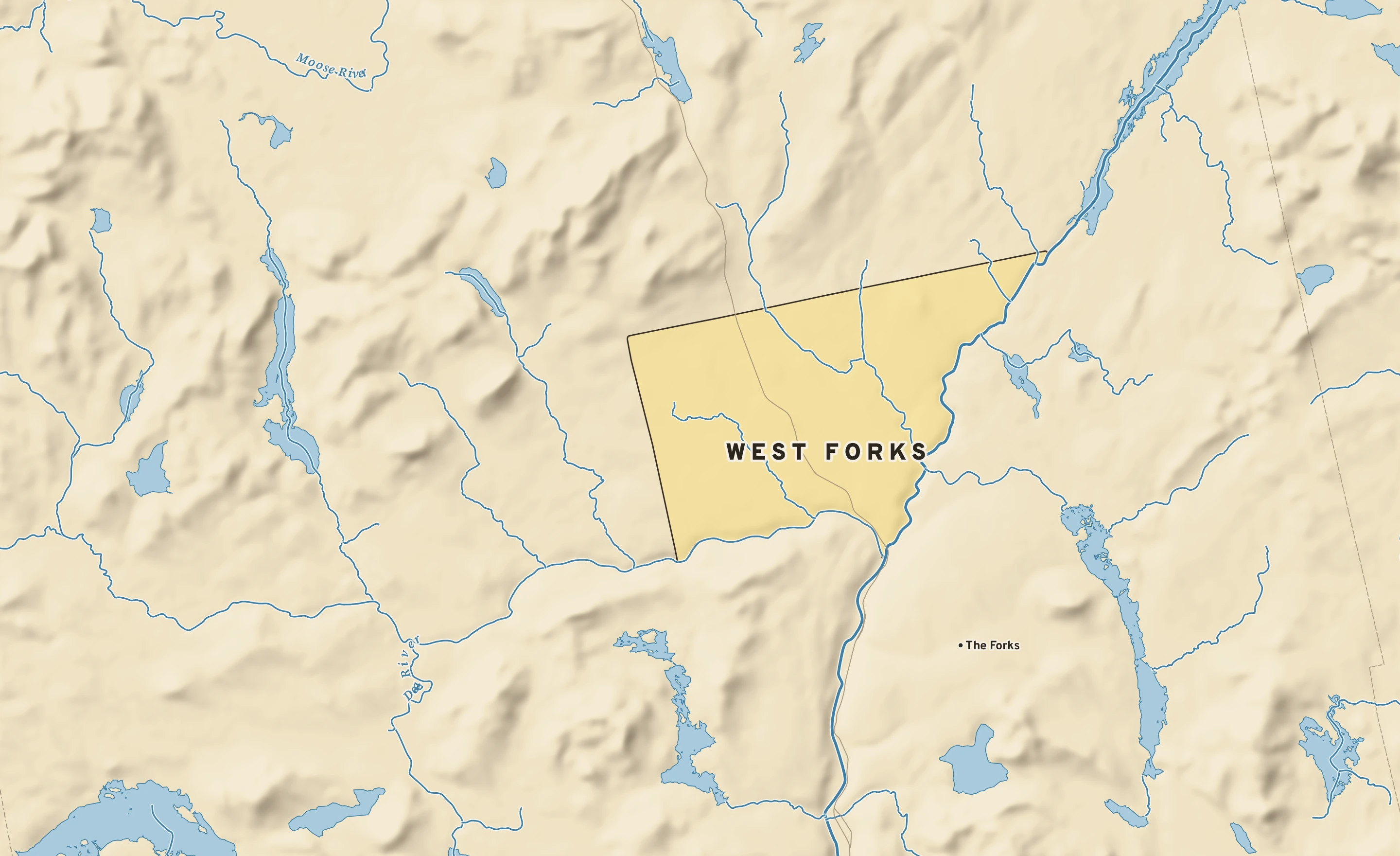 Shaded-relief atlas plate of West Forks, Maine: rivers, roads, the city limits and where the water drains.