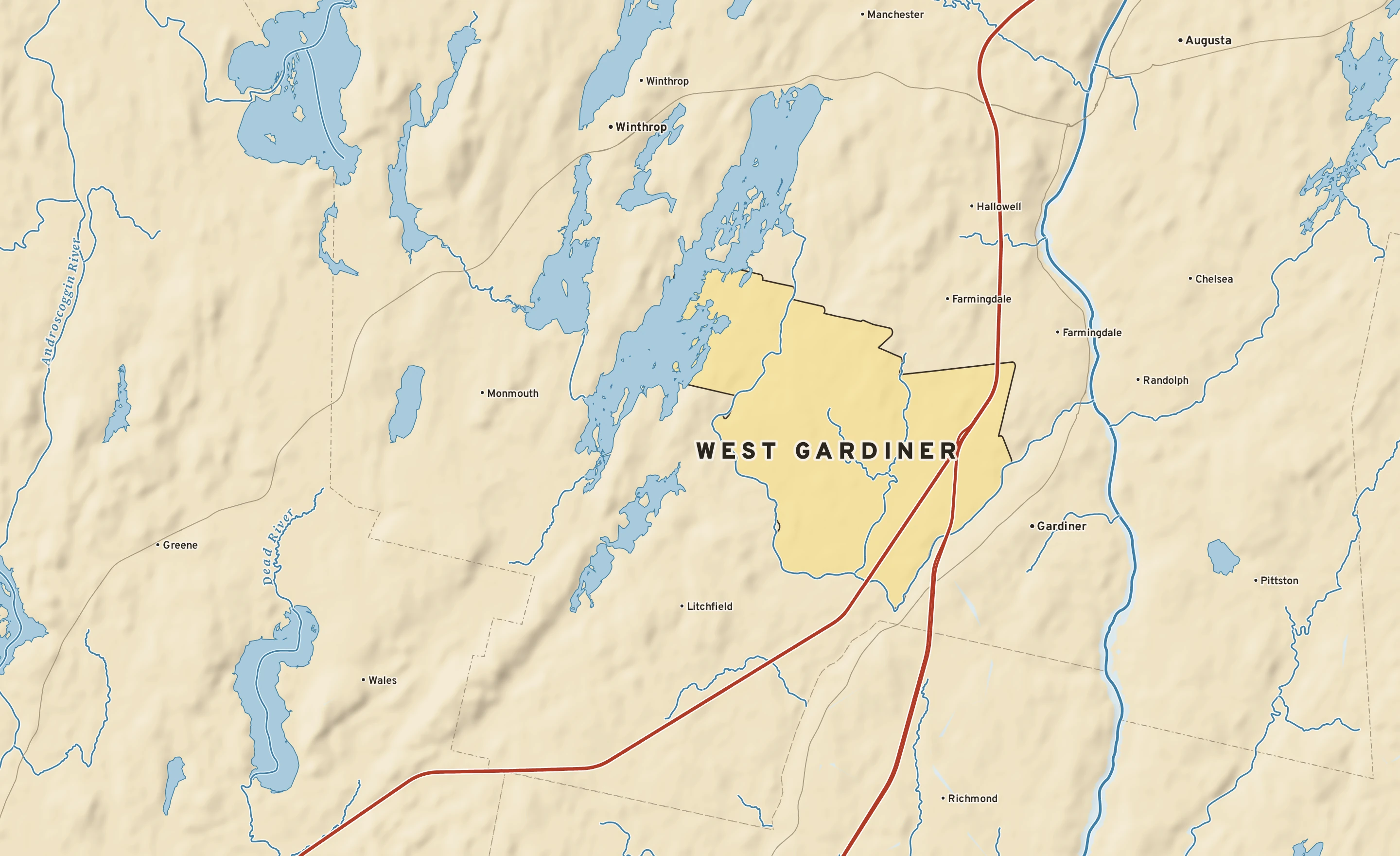Shaded-relief atlas plate of West Gardiner, Maine: rivers, roads, the city limits and where the water drains.