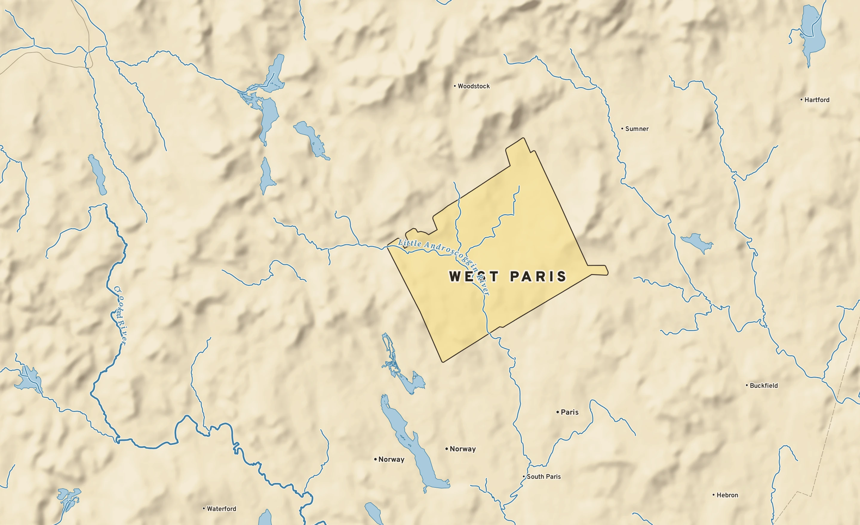 Shaded-relief atlas plate of West Paris, Maine: rivers, roads, the city limits and where the water drains.