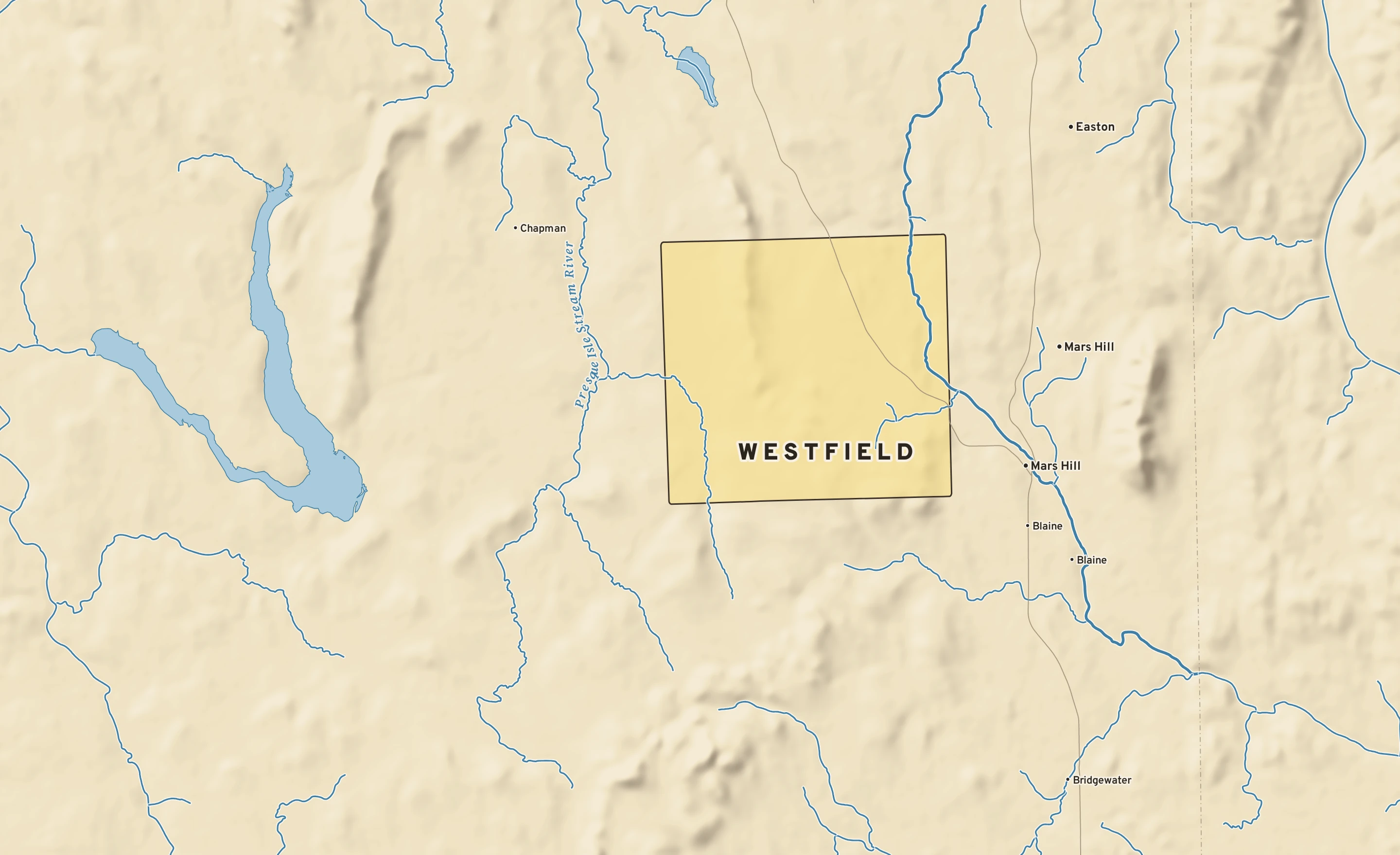 Shaded-relief atlas plate of Westfield, Maine: rivers, roads, the city limits and where the water drains.