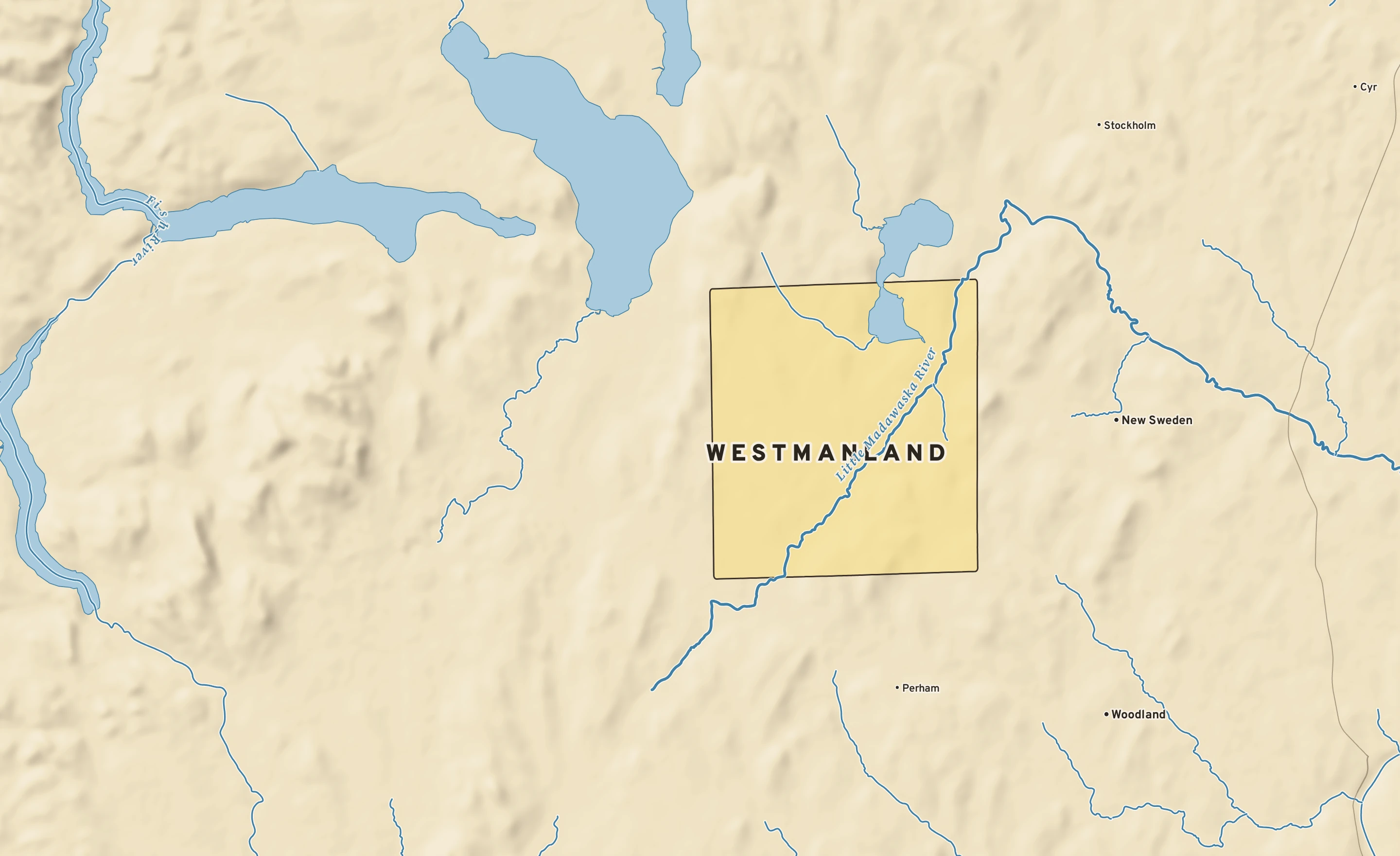 Shaded-relief atlas plate of Westmanland, Maine: rivers, roads, the city limits and where the water drains.