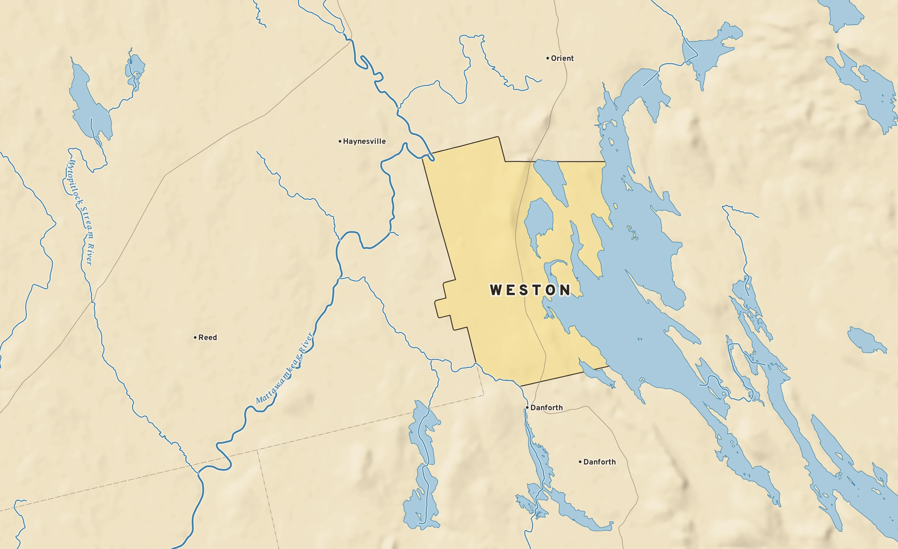 Shaded-relief atlas plate of Weston, Maine: rivers, roads, the city limits and where the water drains.