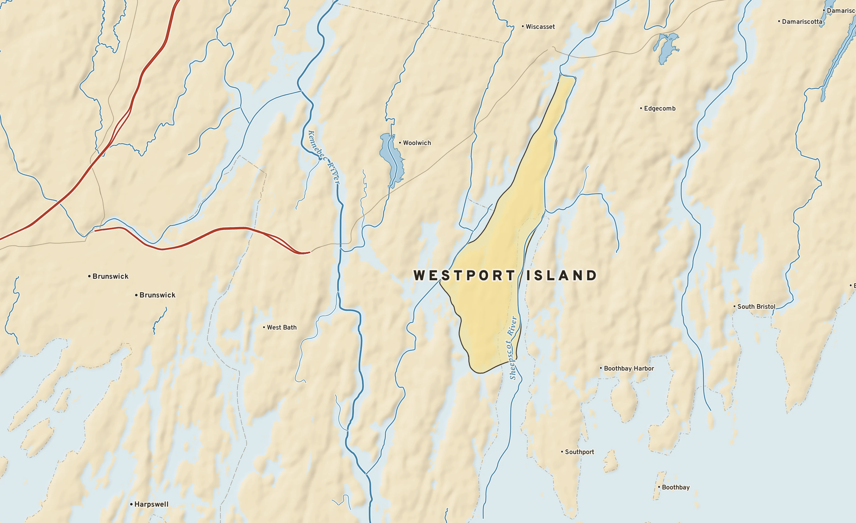 Shaded-relief atlas plate of Westport Island, Maine: rivers, roads, the city limits and where the water drains.