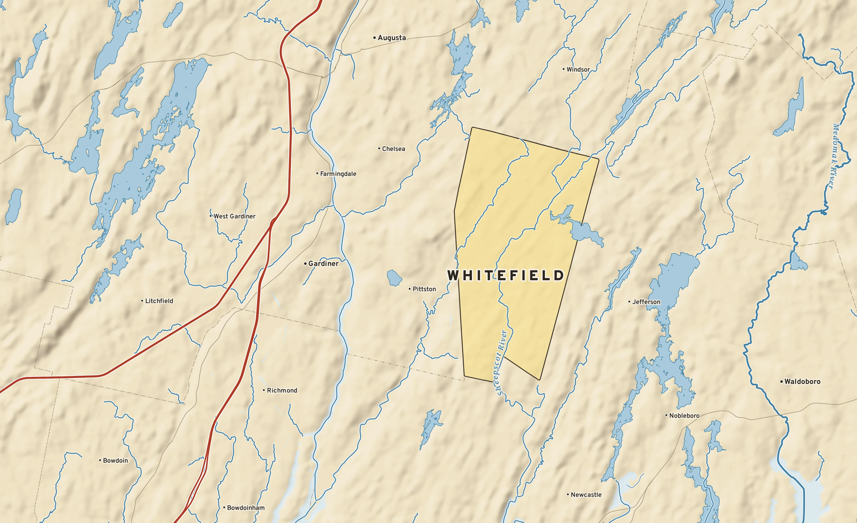 Shaded-relief atlas plate of Whitefield, Maine: rivers, roads, the city limits and where the water drains.