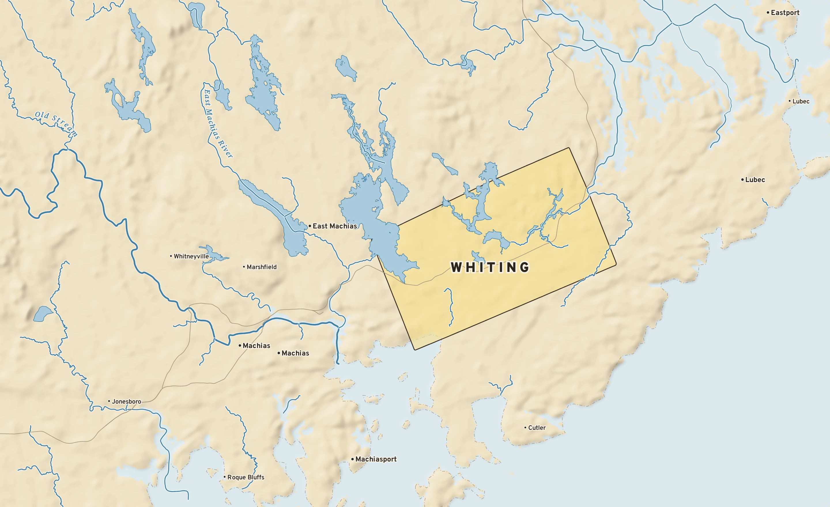 Shaded-relief atlas plate of Whiting, Maine: rivers, roads, the city limits and where the water drains.
