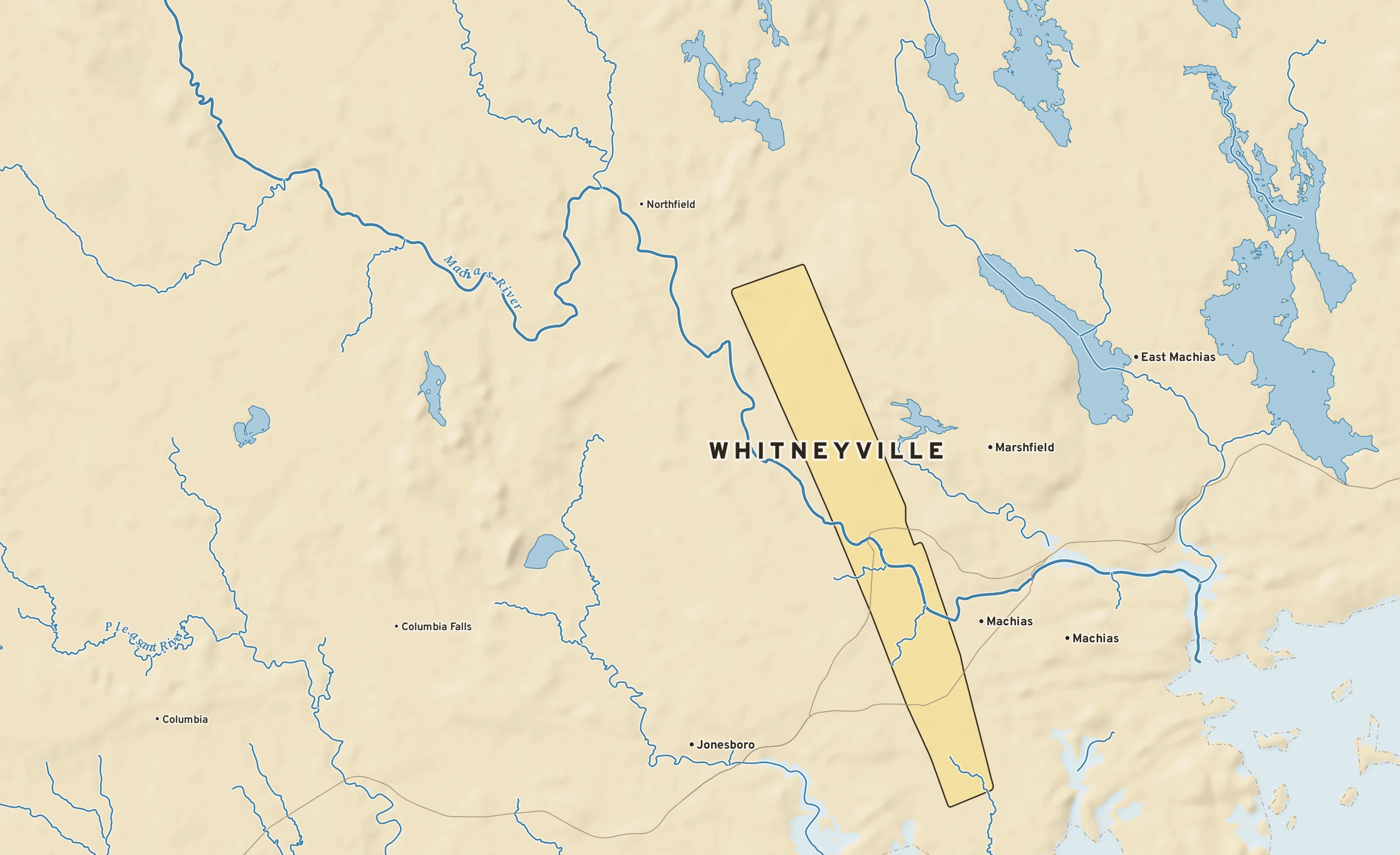Shaded-relief atlas plate of Whitneyville, Maine: rivers, roads, the city limits and where the water drains.