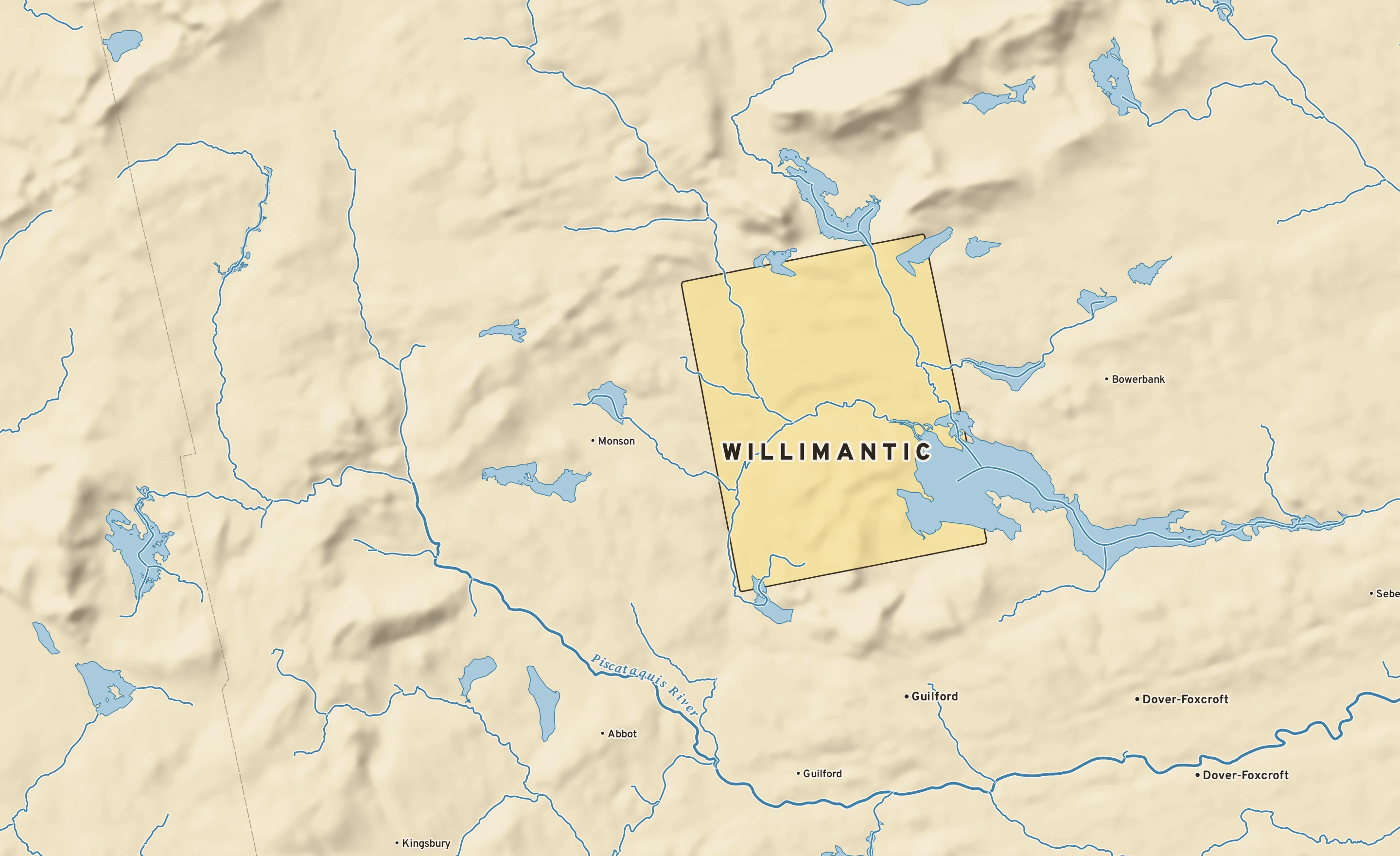 Shaded-relief atlas plate of Willimantic, Maine: rivers, roads, the city limits and where the water drains.