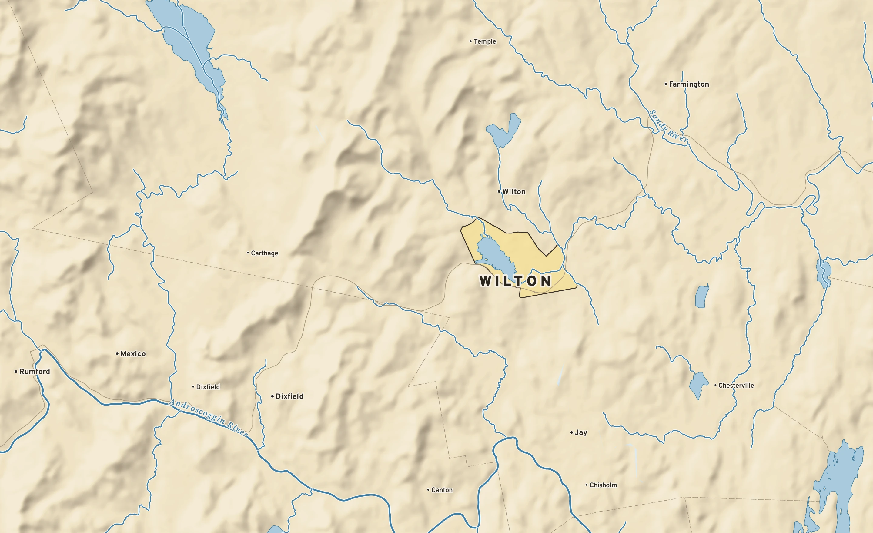 Shaded-relief atlas plate of Wilton, Maine: rivers, roads, the city limits and where the water drains.