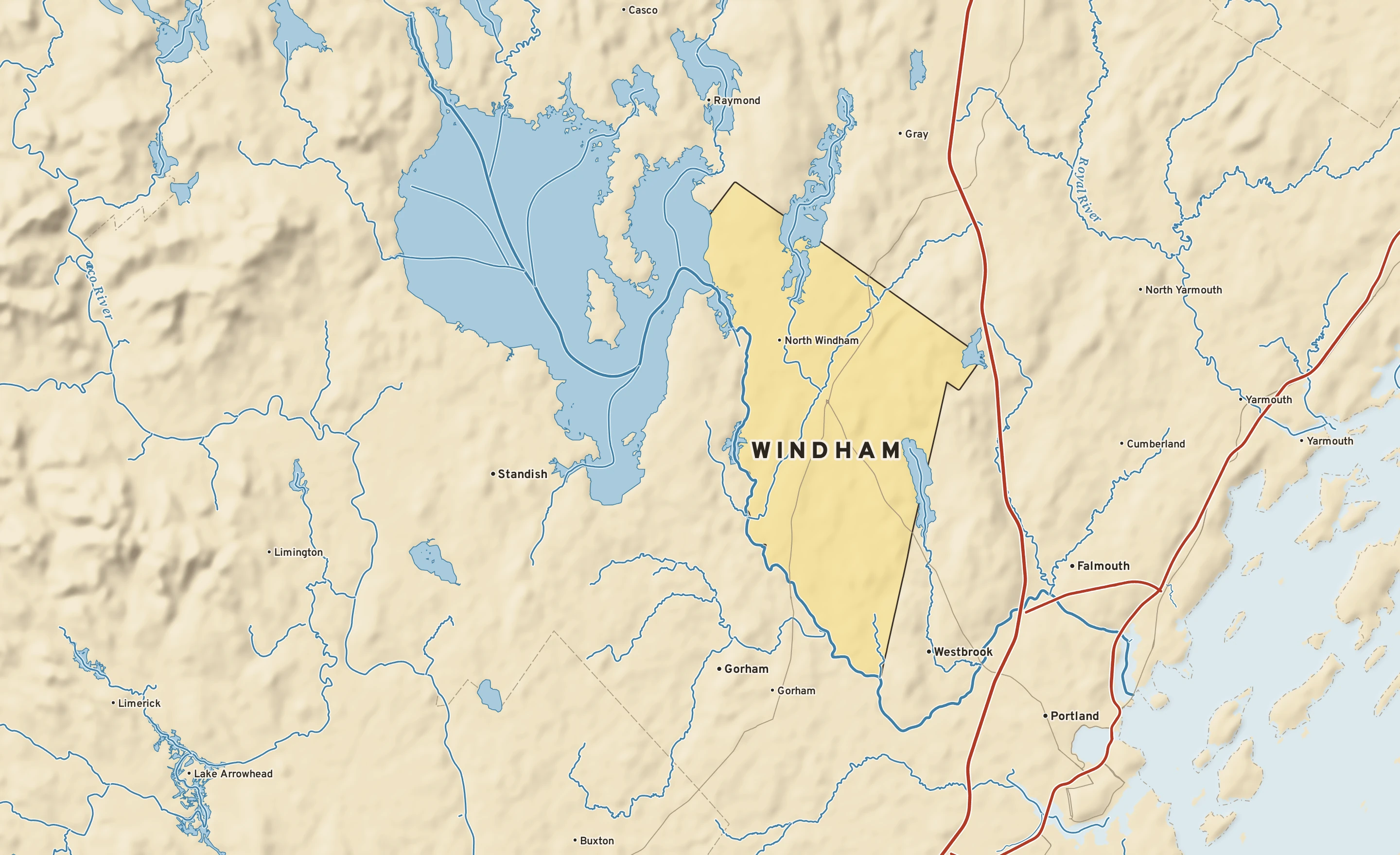 Shaded-relief atlas plate of Windham, Maine: rivers, roads, the city limits and where the water drains.