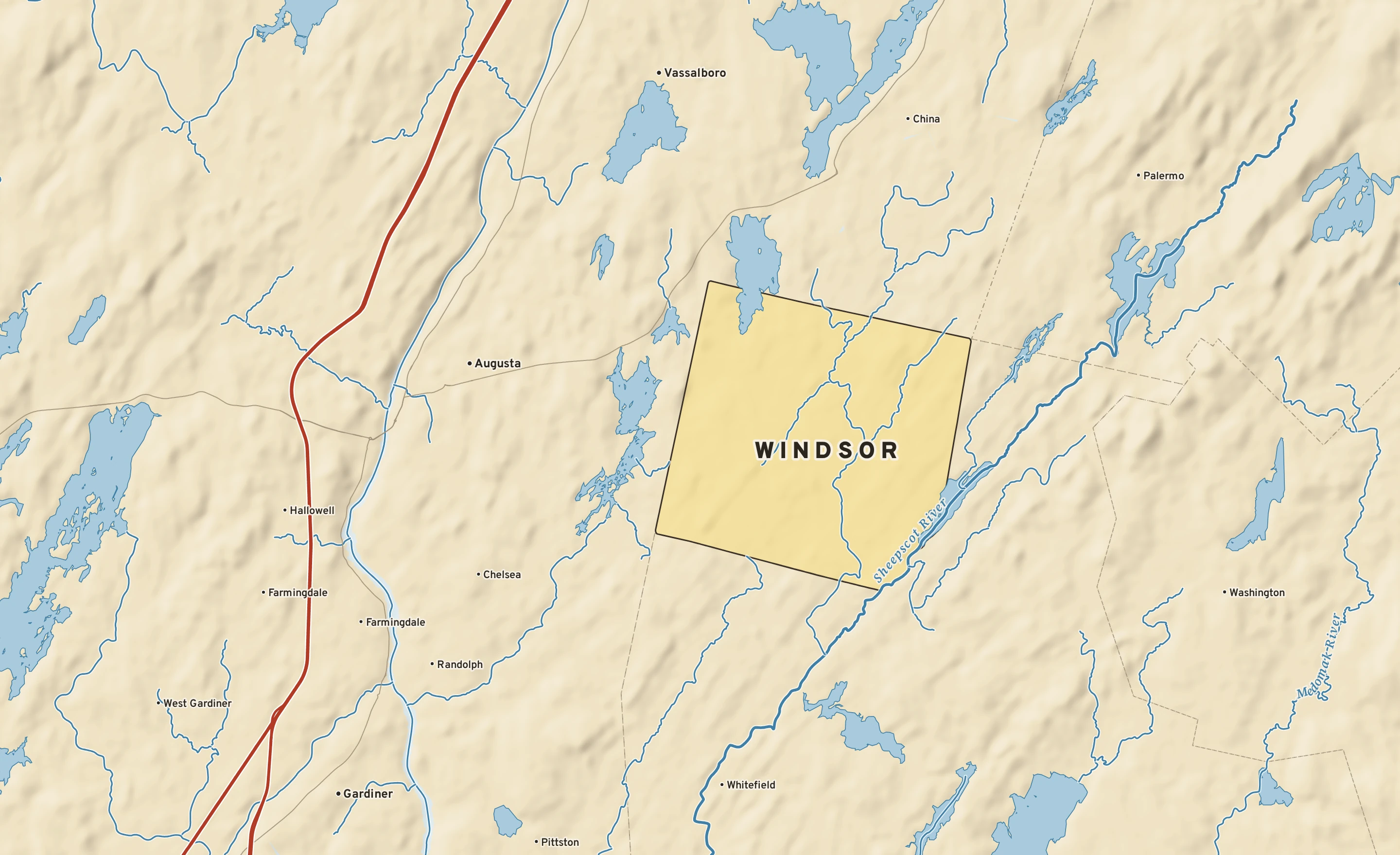Shaded-relief atlas plate of Windsor, Maine: rivers, roads, the city limits and where the water drains.
