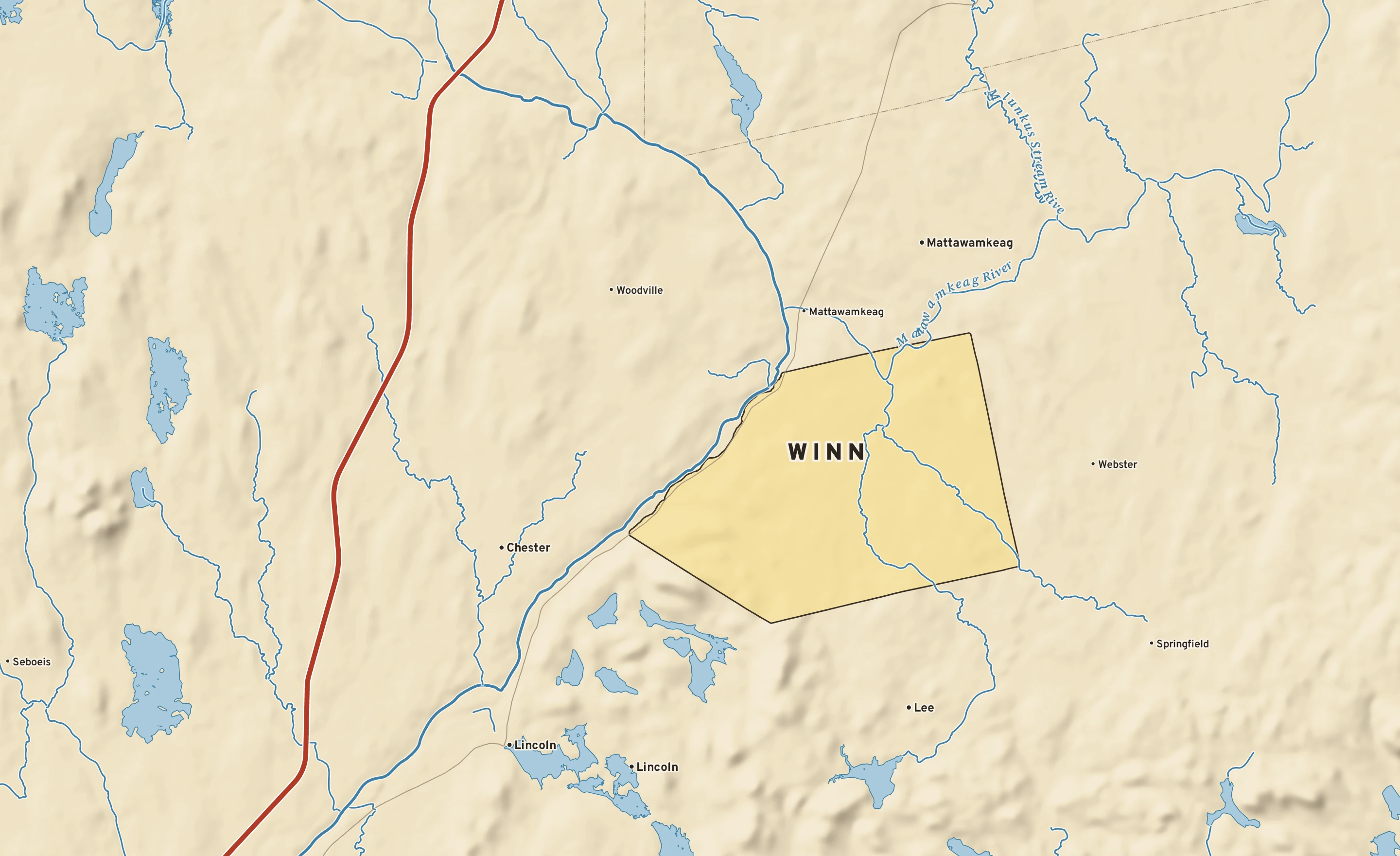 Shaded-relief atlas plate of Winn, Maine: rivers, roads, the city limits and where the water drains.