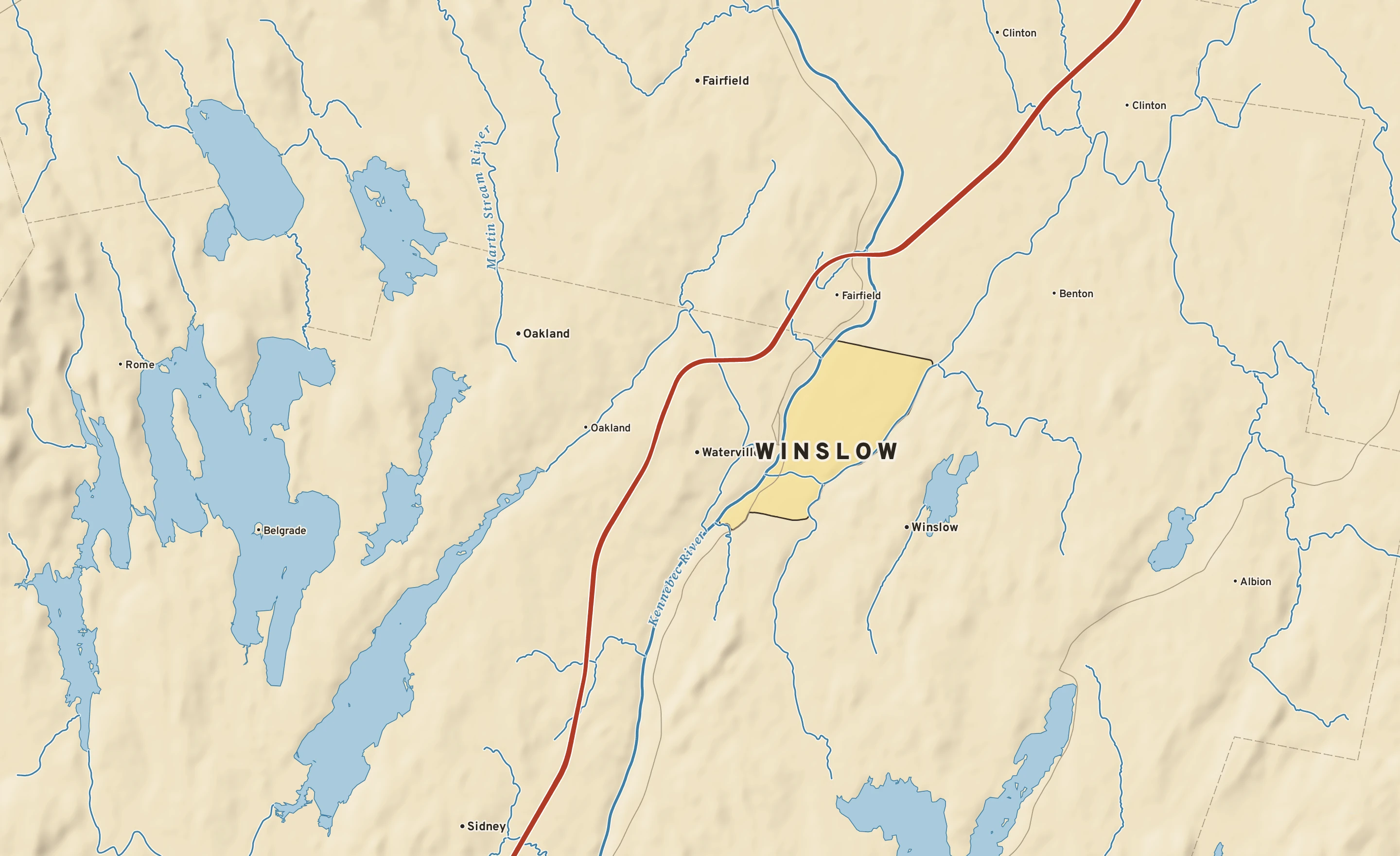 Shaded-relief atlas plate of Winslow, Maine: rivers, roads, the city limits and where the water drains.