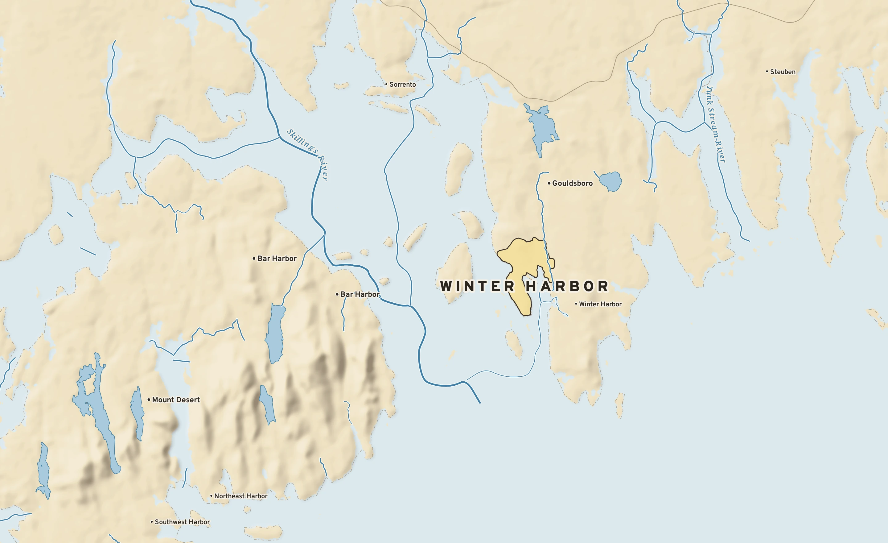 Shaded-relief atlas plate of Winter Harbor, Maine: rivers, roads, the city limits and where the water drains.