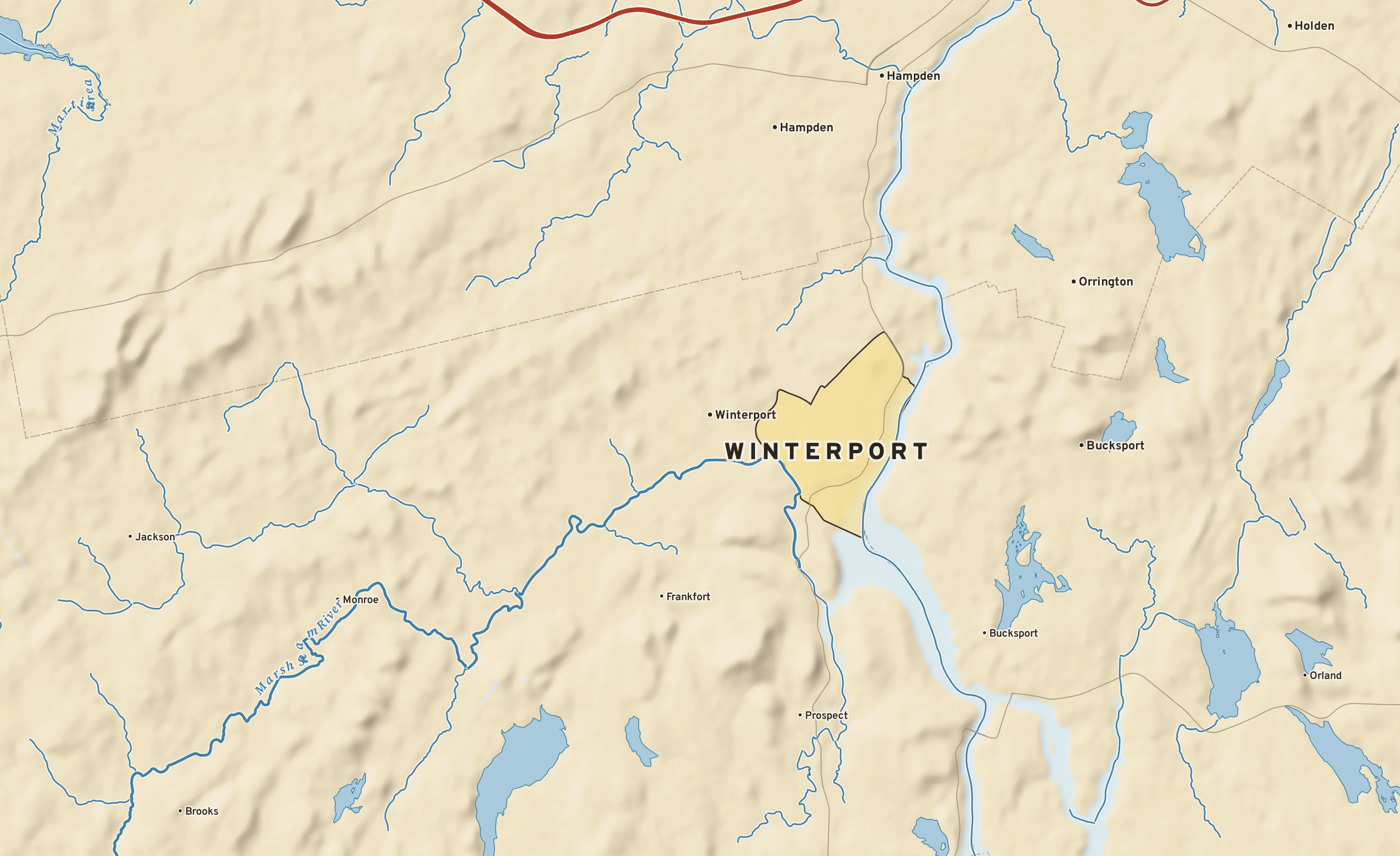Shaded-relief atlas plate of Winterport, Maine: rivers, roads, the city limits and where the water drains.