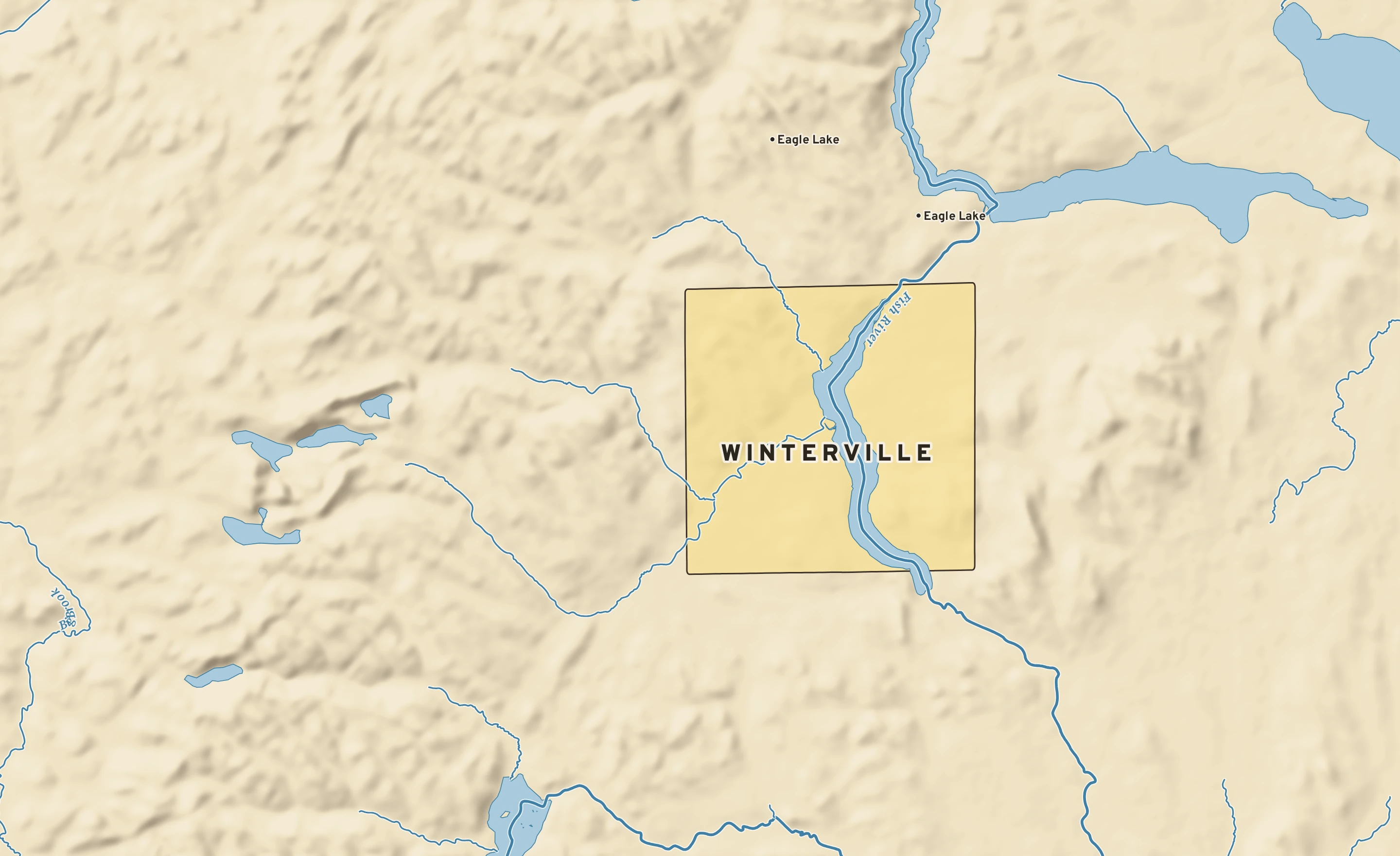 Shaded-relief atlas plate of Winterville, Maine: rivers, roads, the city limits and where the water drains.