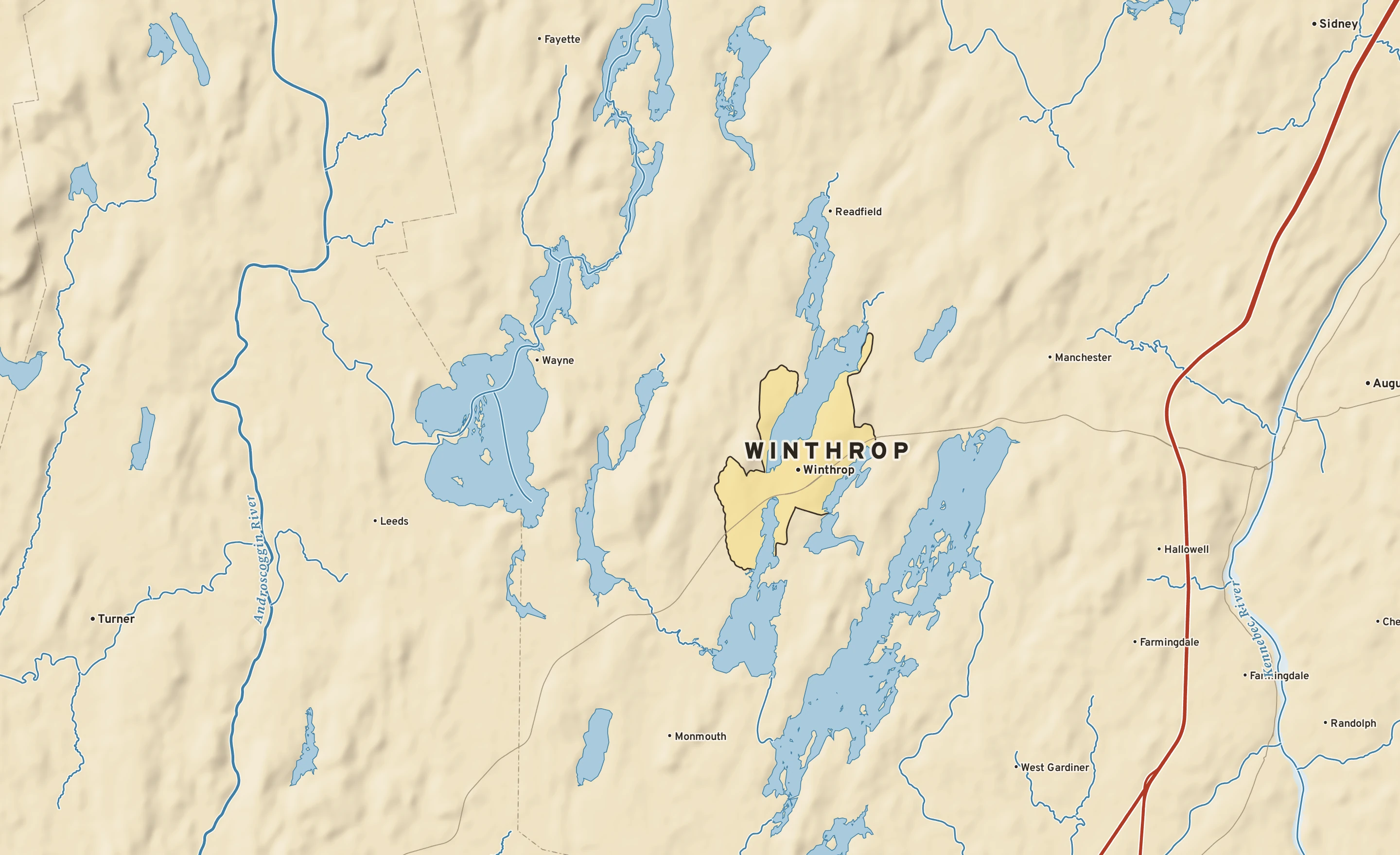 Shaded-relief atlas plate of Winthrop, Maine: rivers, roads, the city limits and where the water drains.
