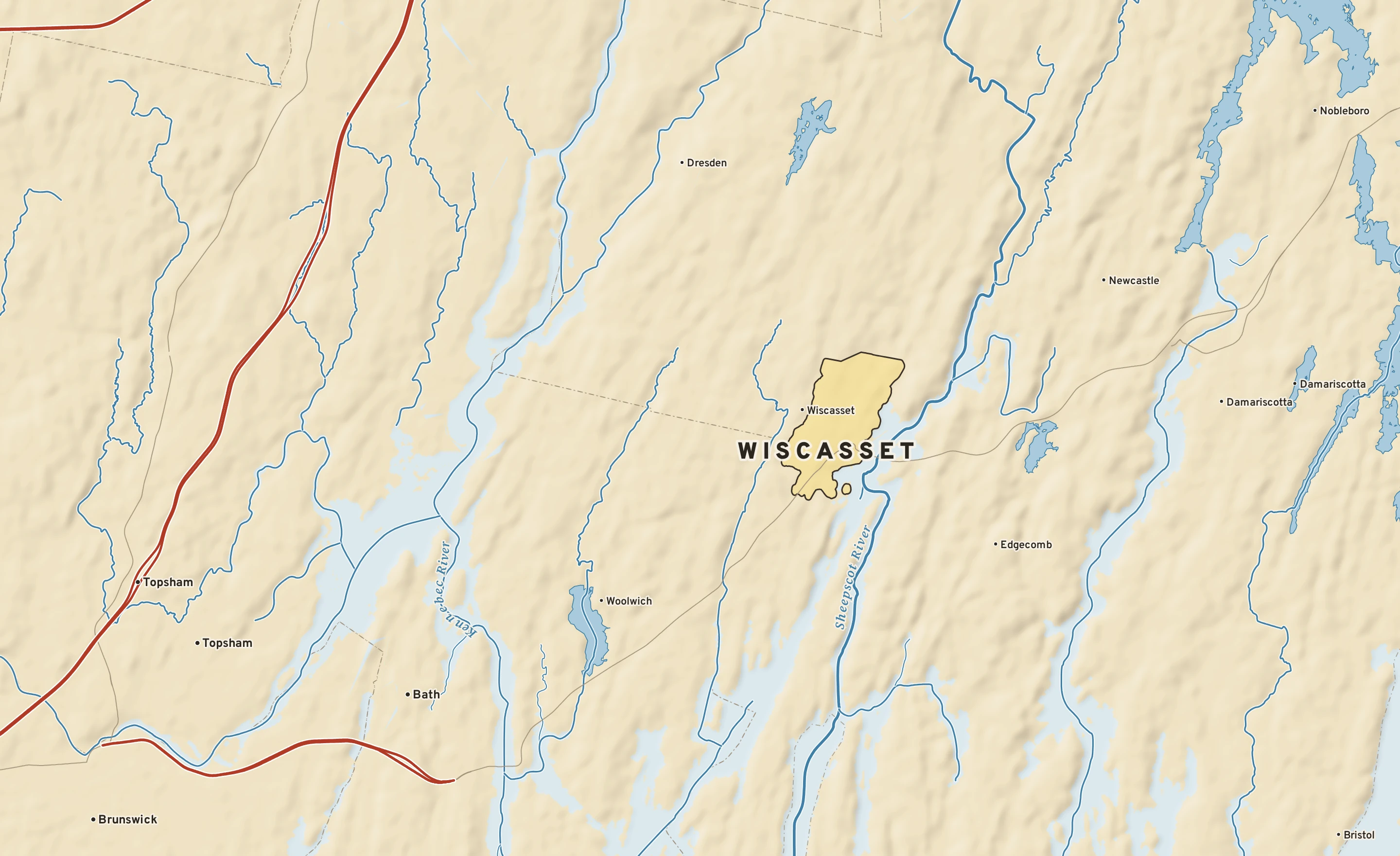 Shaded-relief atlas plate of Wiscasset, Maine: rivers, roads, the city limits and where the water drains.