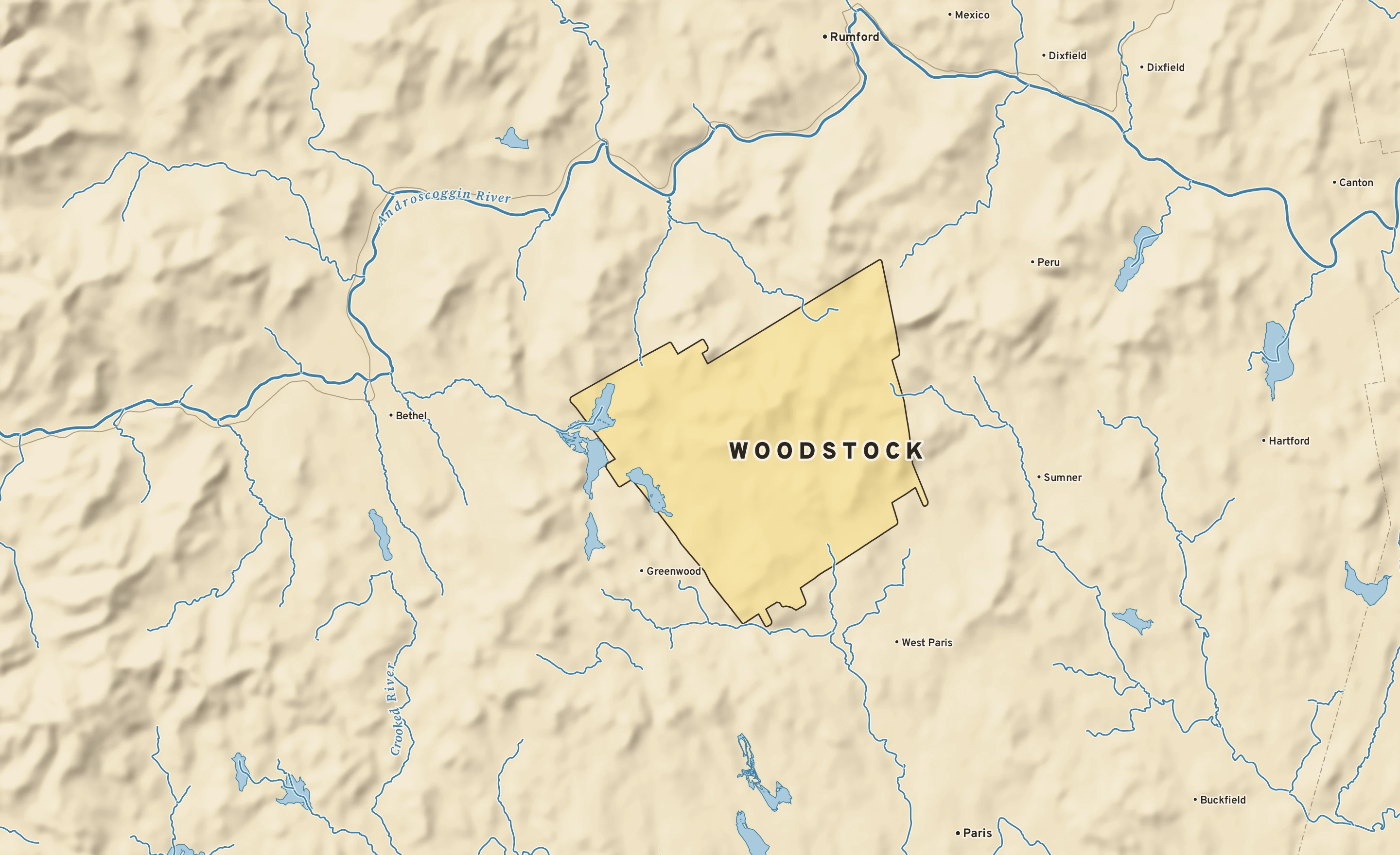 Shaded-relief atlas plate of Woodstock, Maine: rivers, roads, the city limits and where the water drains.