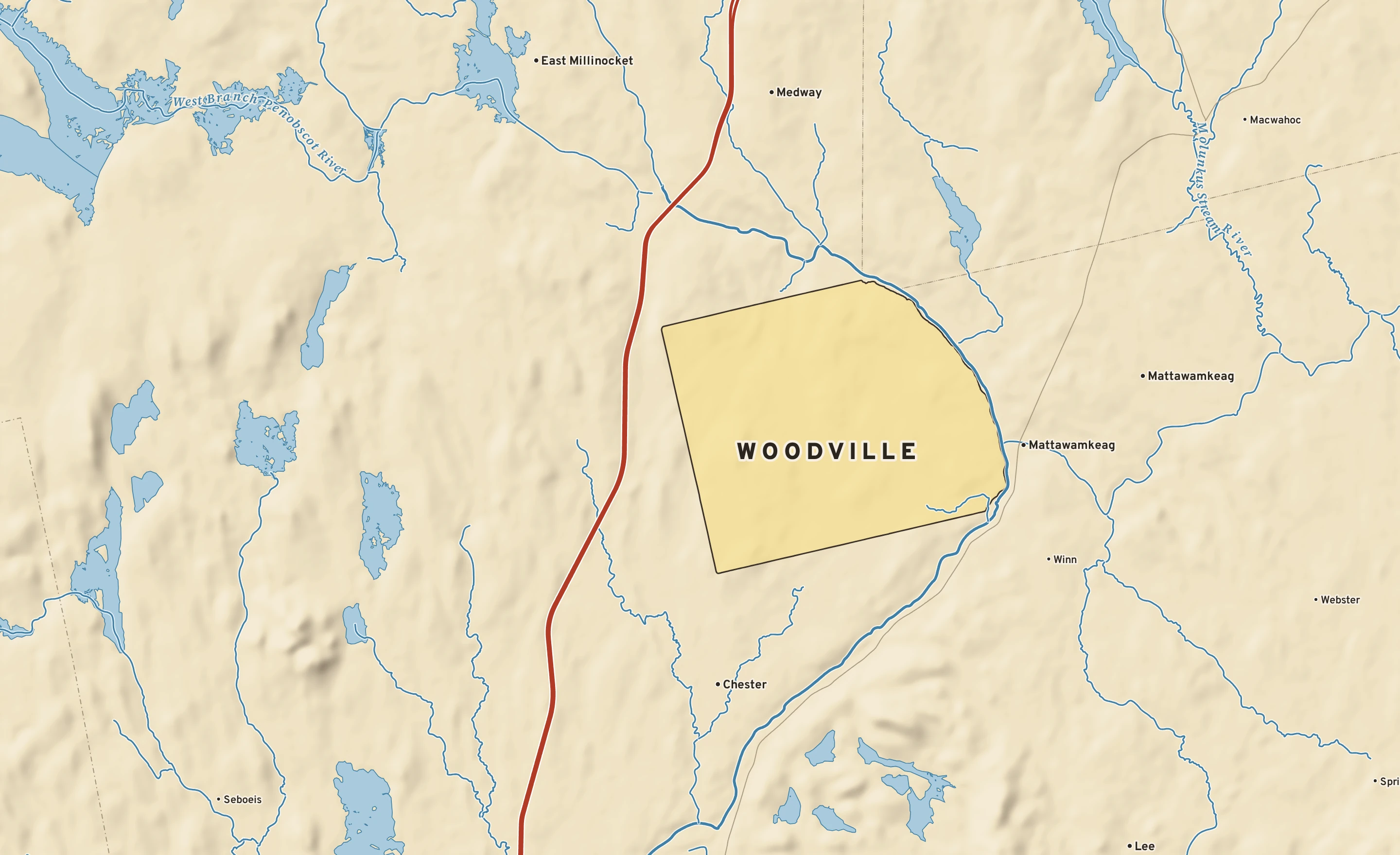 Shaded-relief atlas plate of Woodville, Maine: rivers, roads, the city limits and where the water drains.