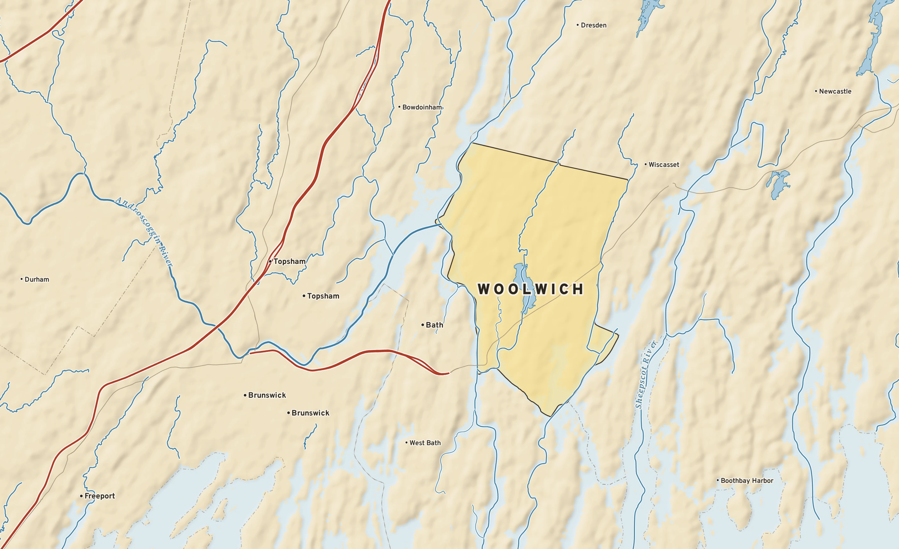 Shaded-relief atlas plate of Woolwich, Maine: rivers, roads, the city limits and where the water drains.