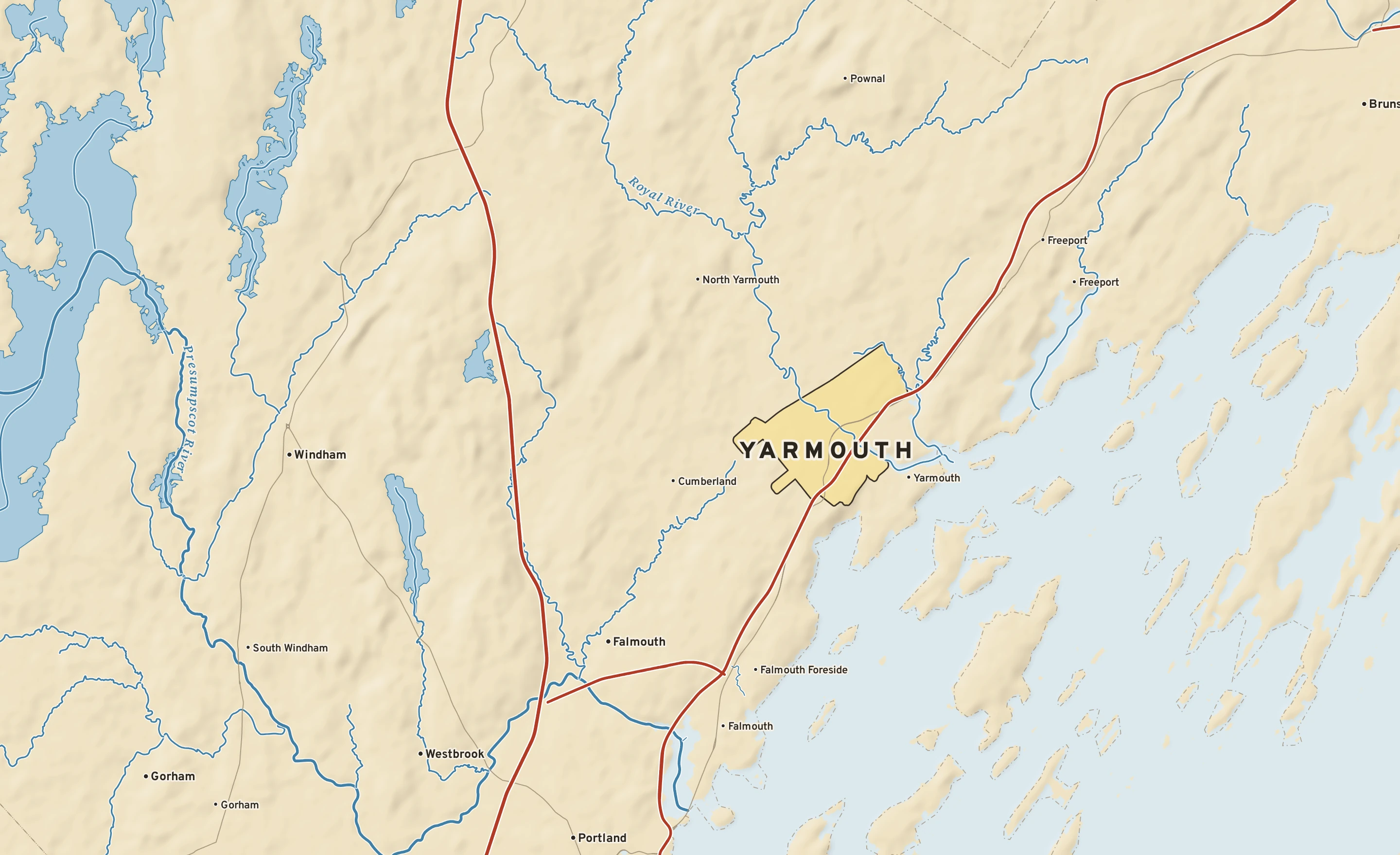 Shaded-relief atlas plate of Yarmouth, Maine: rivers, roads, the city limits and where the water drains.