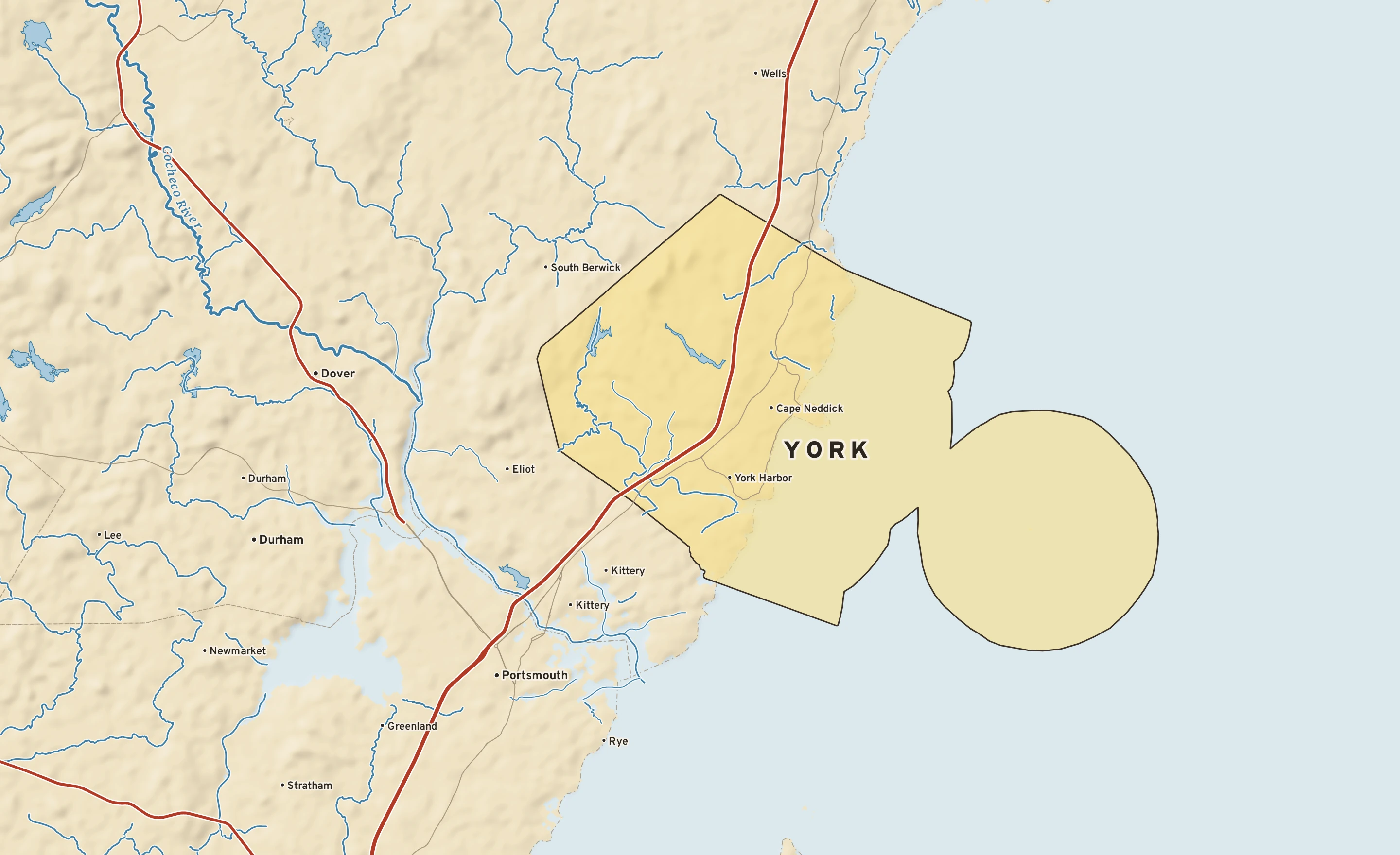Shaded-relief atlas plate of York, Maine: rivers, roads, the city limits and where the water drains.