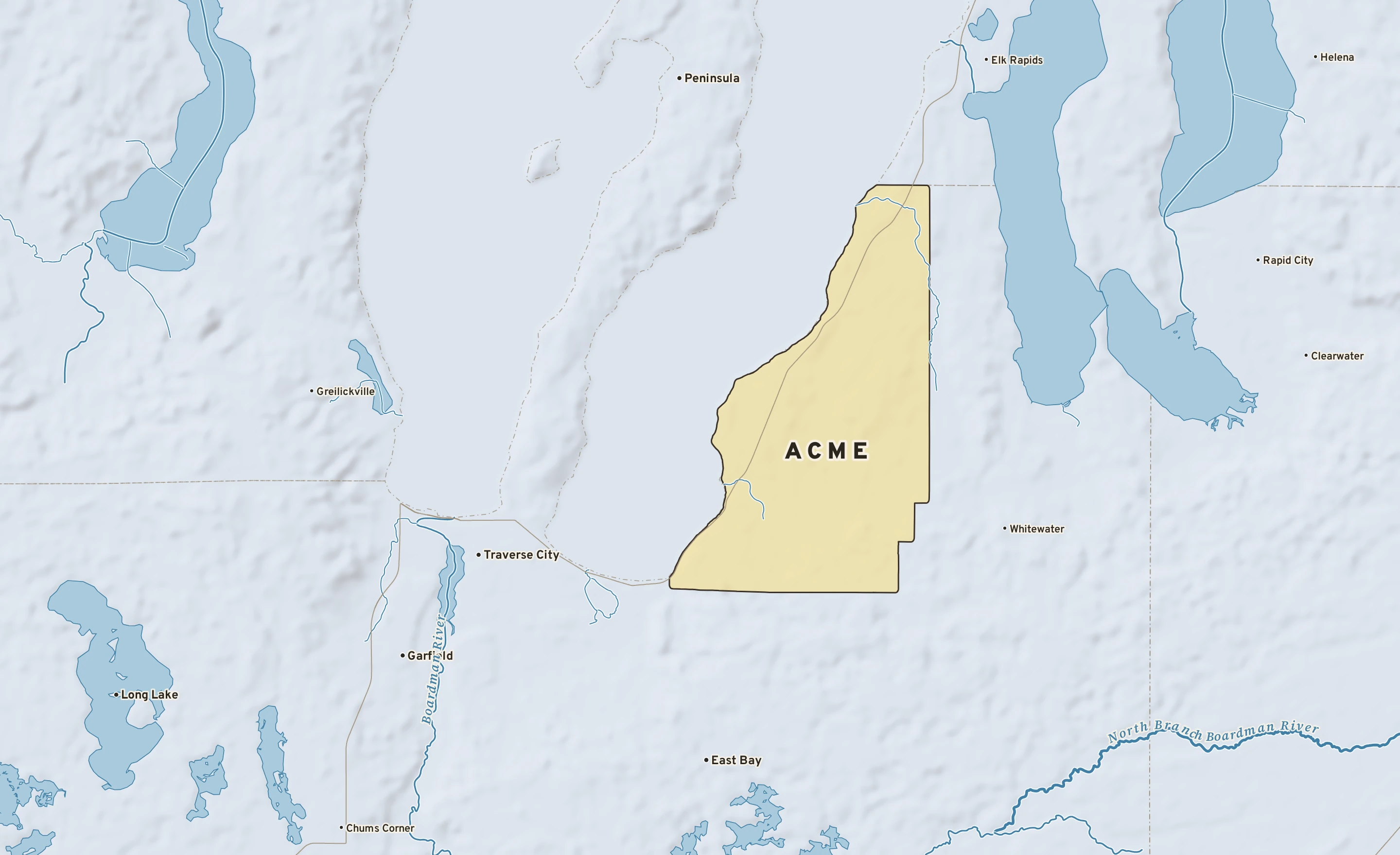 Shaded-relief atlas plate of Acme, Michigan: rivers, roads, the city limits and where the water drains.